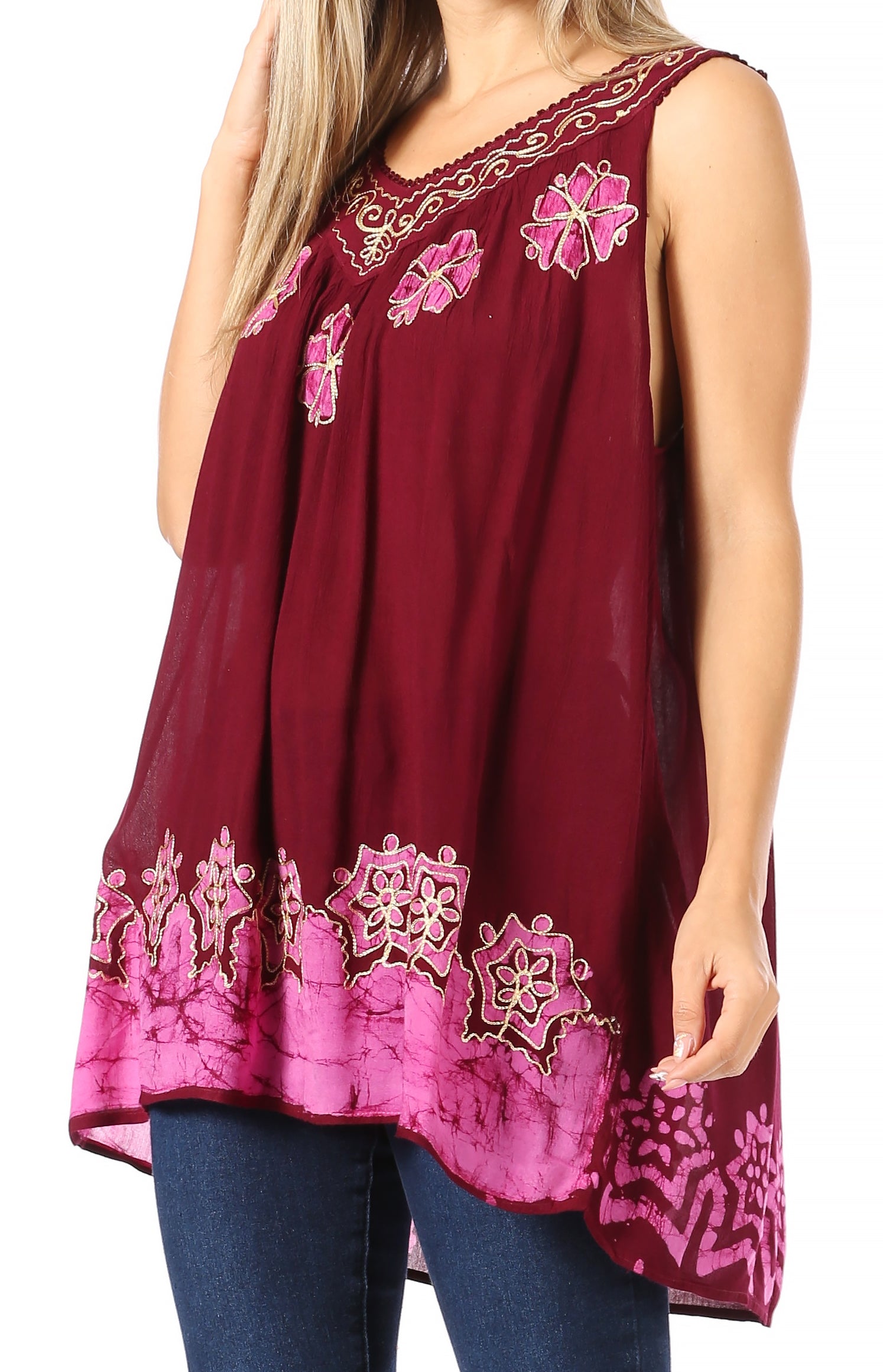 Sakkas Batik Embroidered V-Neck Sleeveless Blouse - Concordia Style Boutique