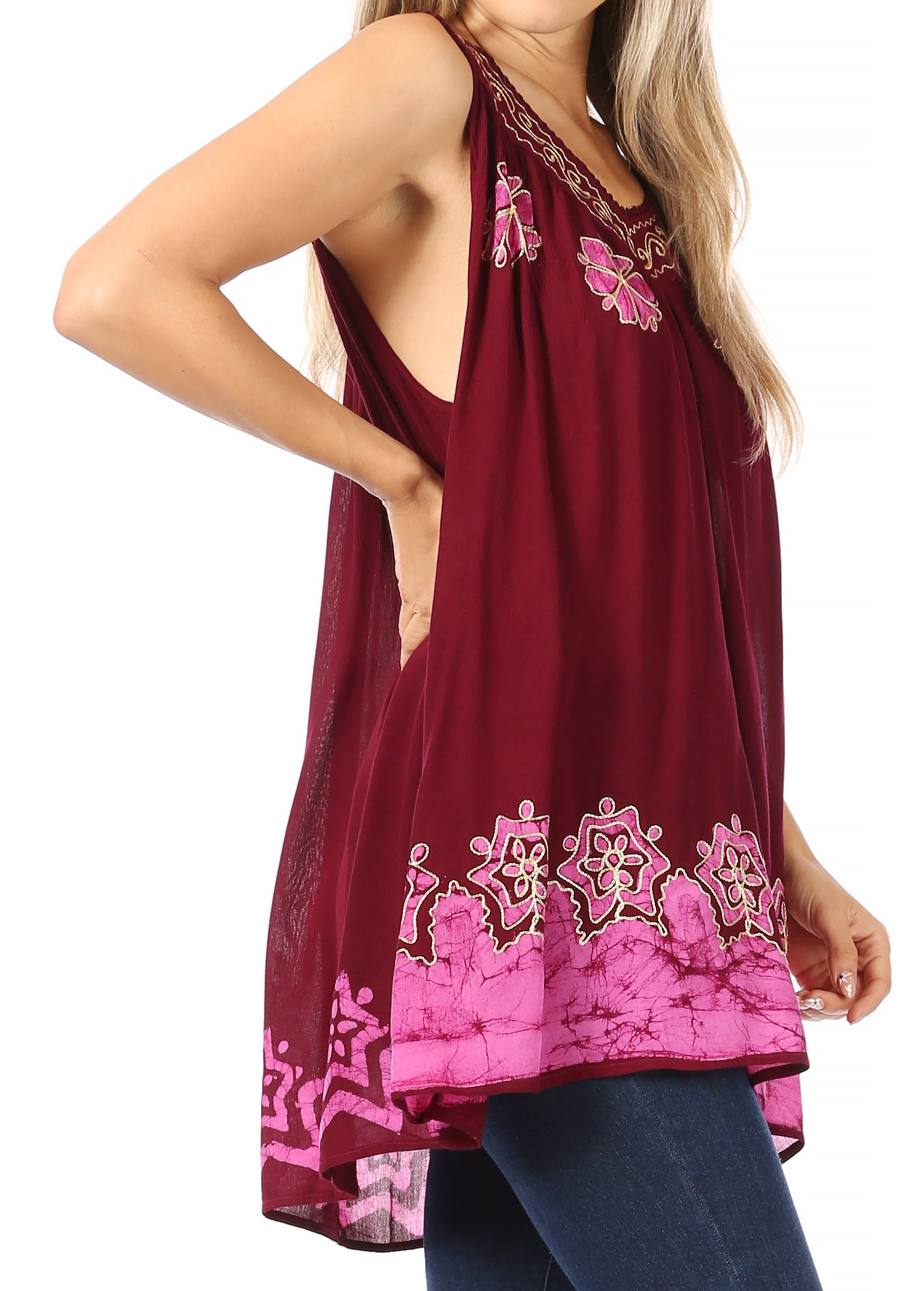 Sakkas Batik Embroidered V-Neck Sleeveless Blouse - Concordia Style Boutique