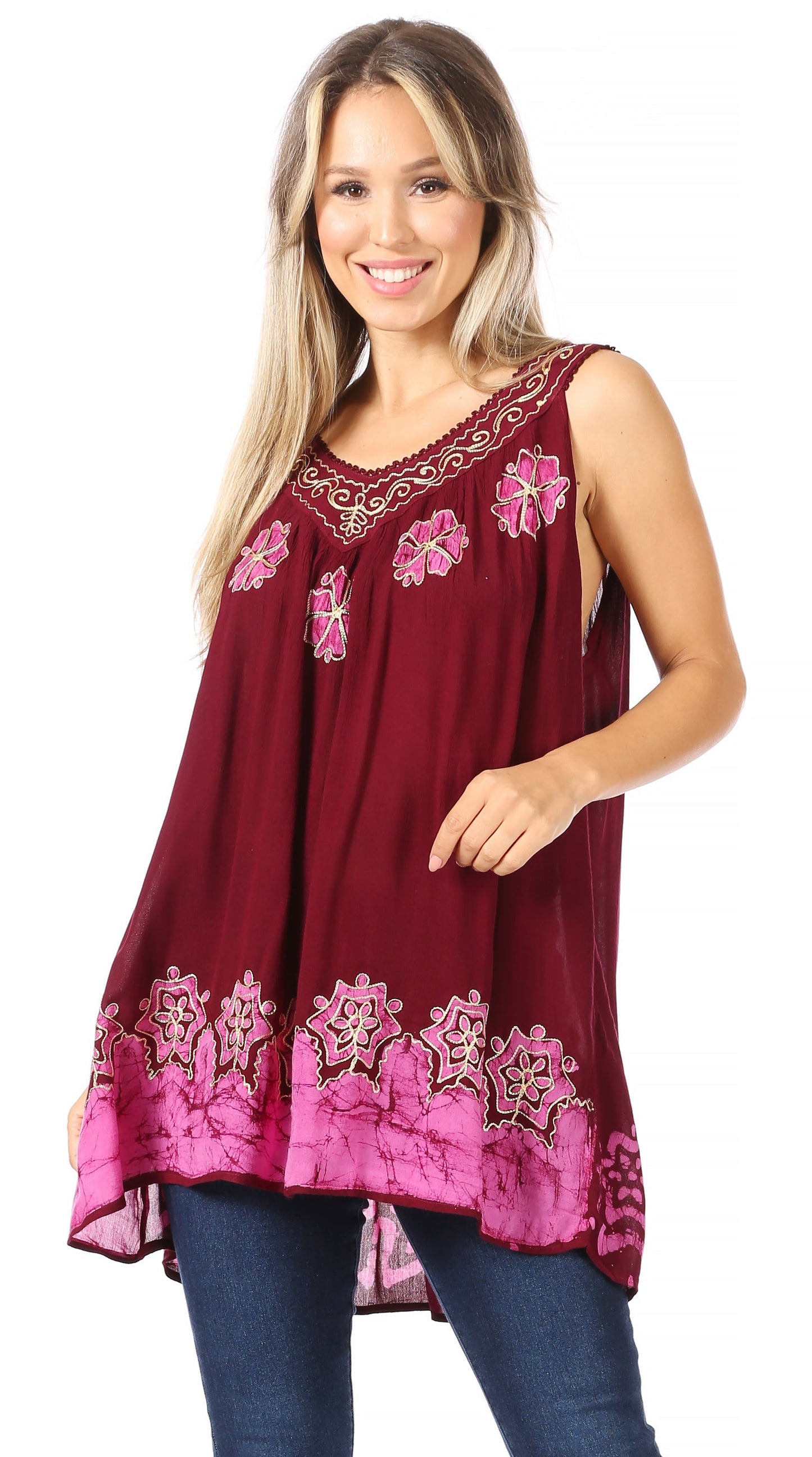 Sakkas Batik Embroidered V-Neck Sleeveless Blouse - Concordia Style Boutique