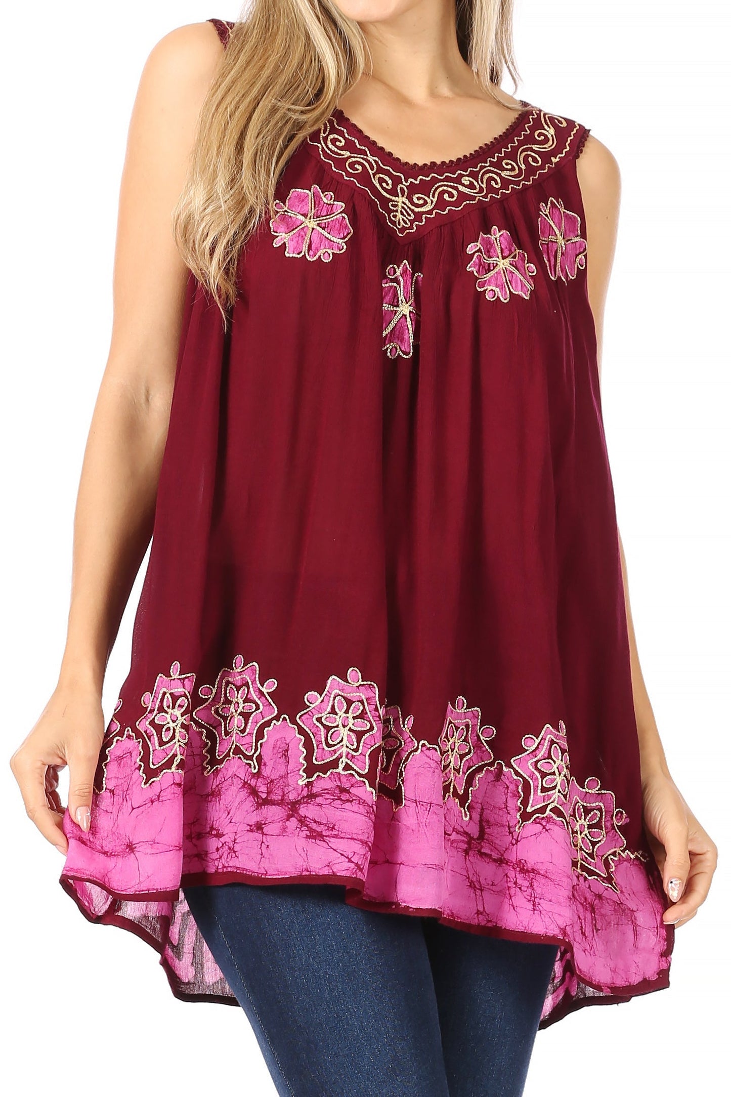 Sakkas Batik Embroidered V-Neck Sleeveless Blouse - Concordia Style Boutique