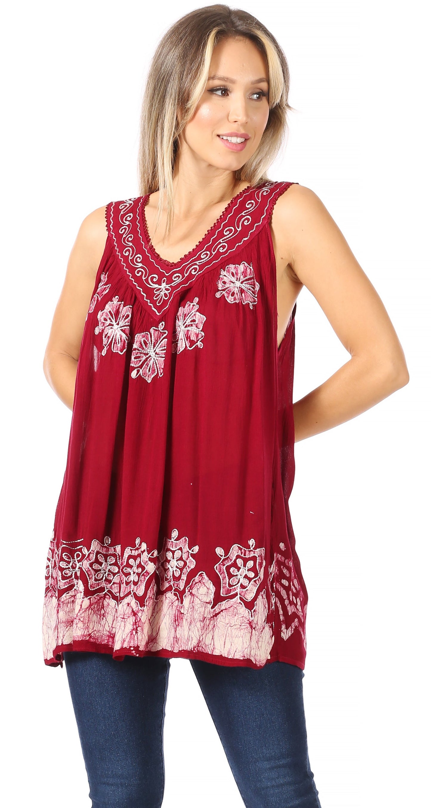 Sakkas Batik Embroidered V-Neck Sleeveless Blouse - Concordia Style Boutique