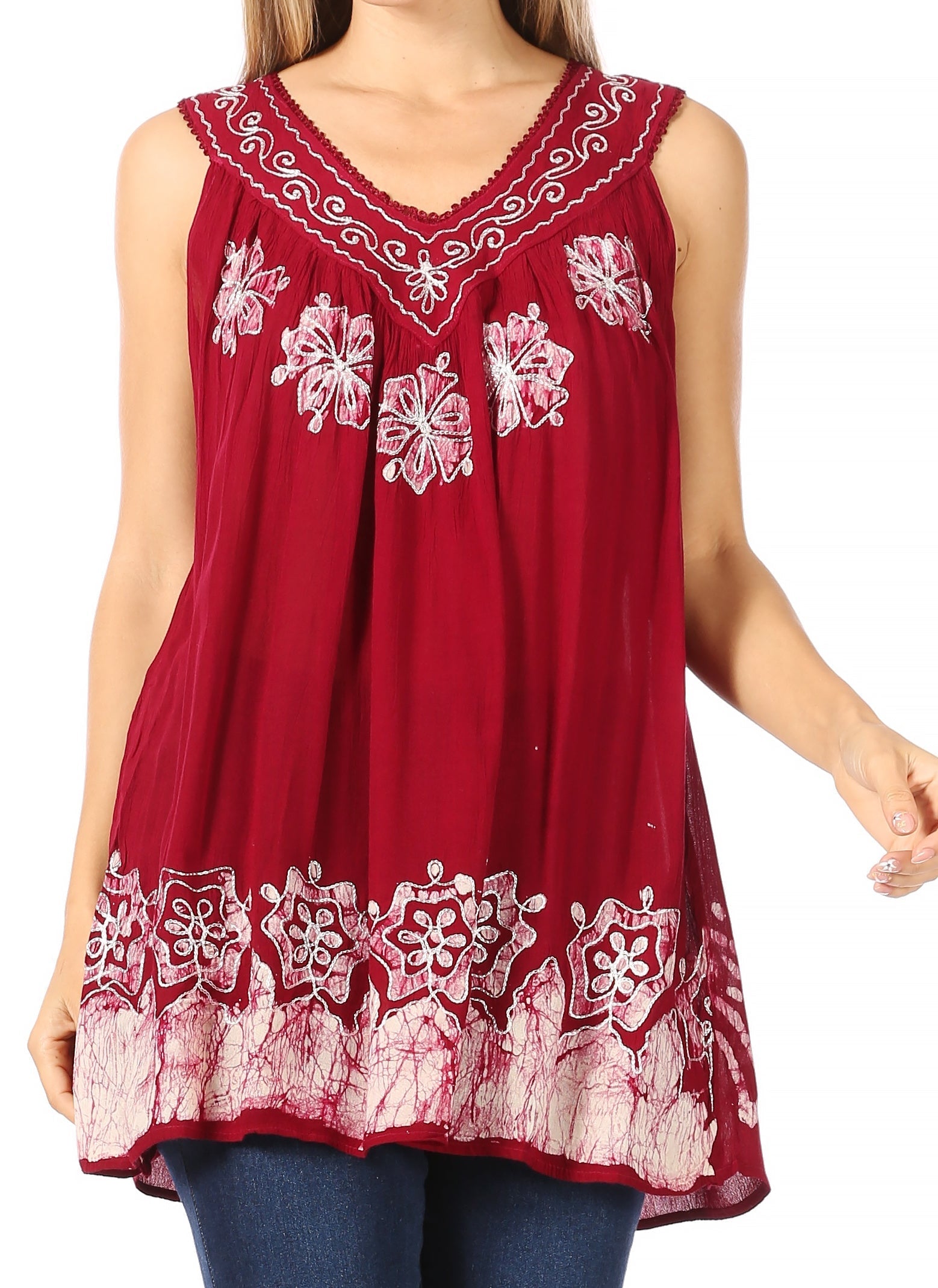 Sakkas Batik Embroidered V-Neck Sleeveless Blouse - Concordia Style Boutique