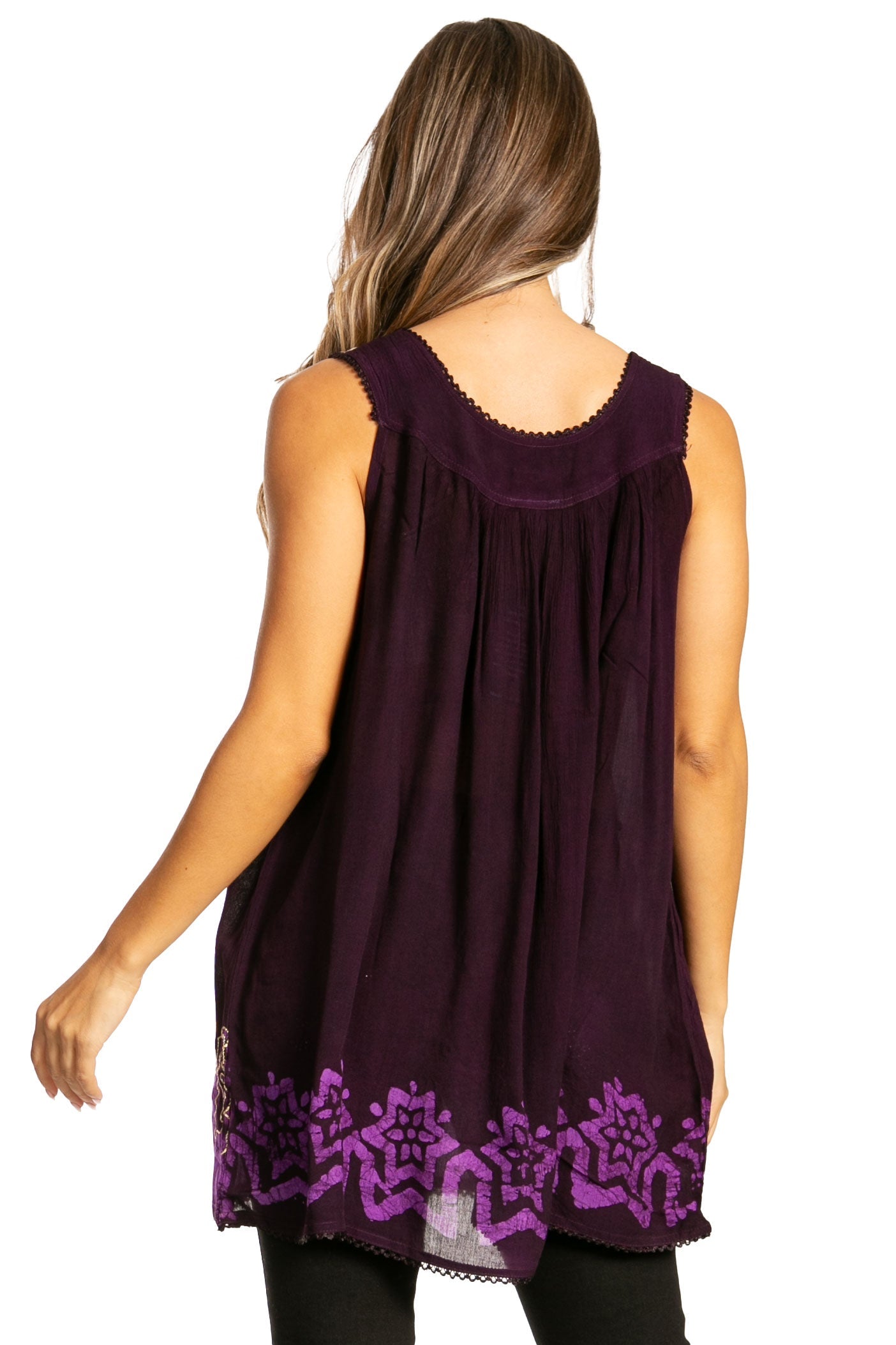 Sakkas Batik Embroidered V-Neck Sleeveless Blouse - Concordia Style Boutique
