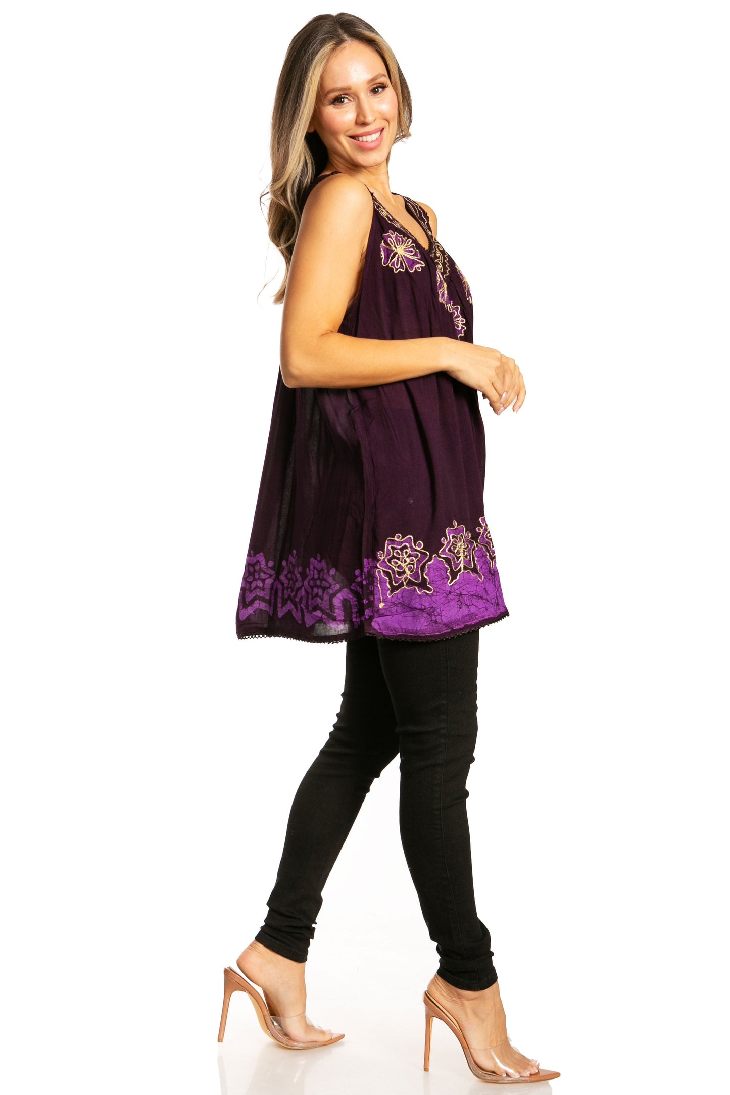 Sakkas Batik Embroidered V-Neck Sleeveless Blouse - Concordia Style Boutique