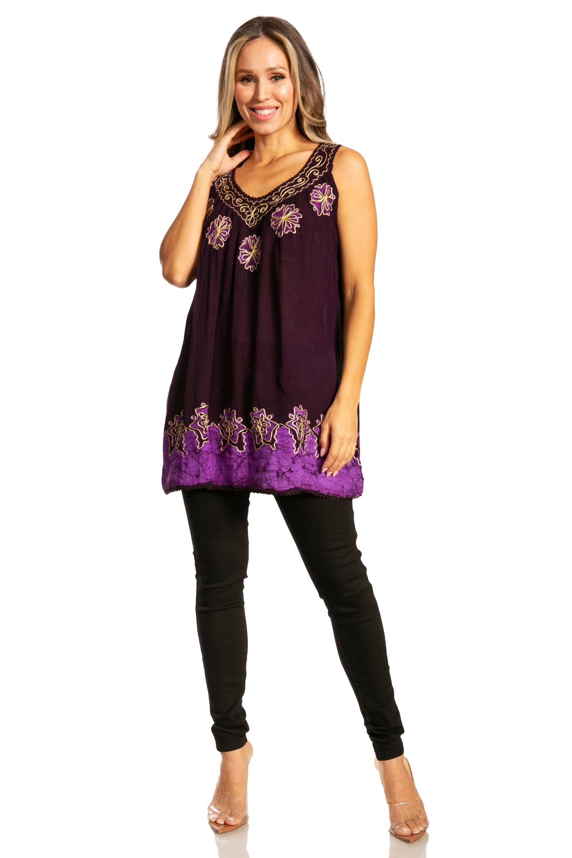 Sakkas Batik Embroidered V-Neck Sleeveless Blouse - Concordia Style Boutique
