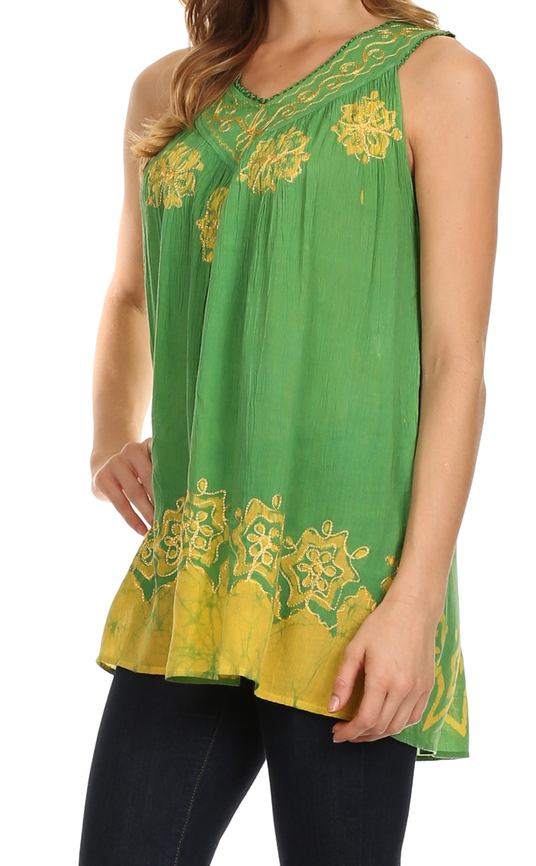 Sakkas Batik Embroidered V-Neck Sleeveless Blouse - Concordia Style Boutique