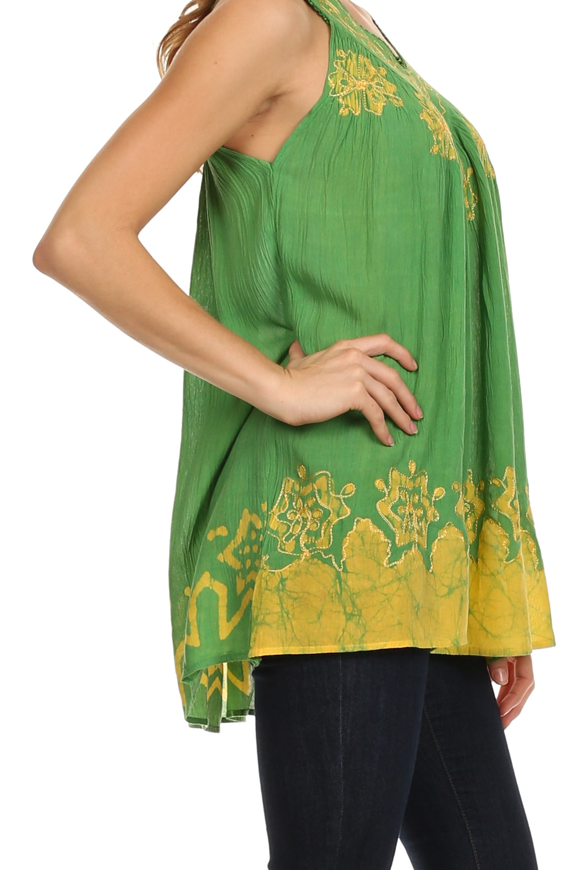 Sakkas Batik Embroidered V-Neck Sleeveless Blouse - Concordia Style Boutique