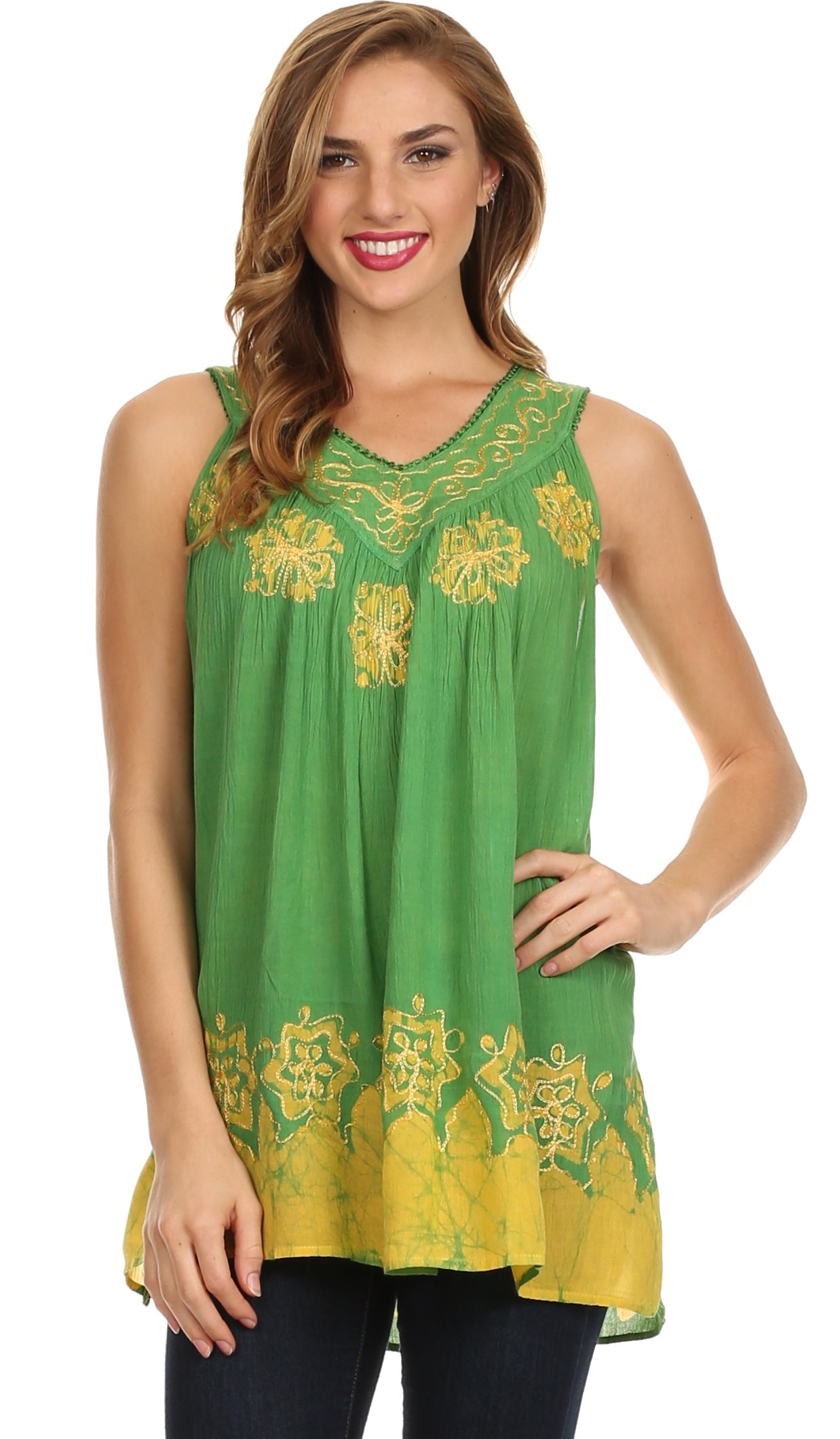 Sakkas Batik Embroidered V-Neck Sleeveless Blouse - Concordia Style Boutique