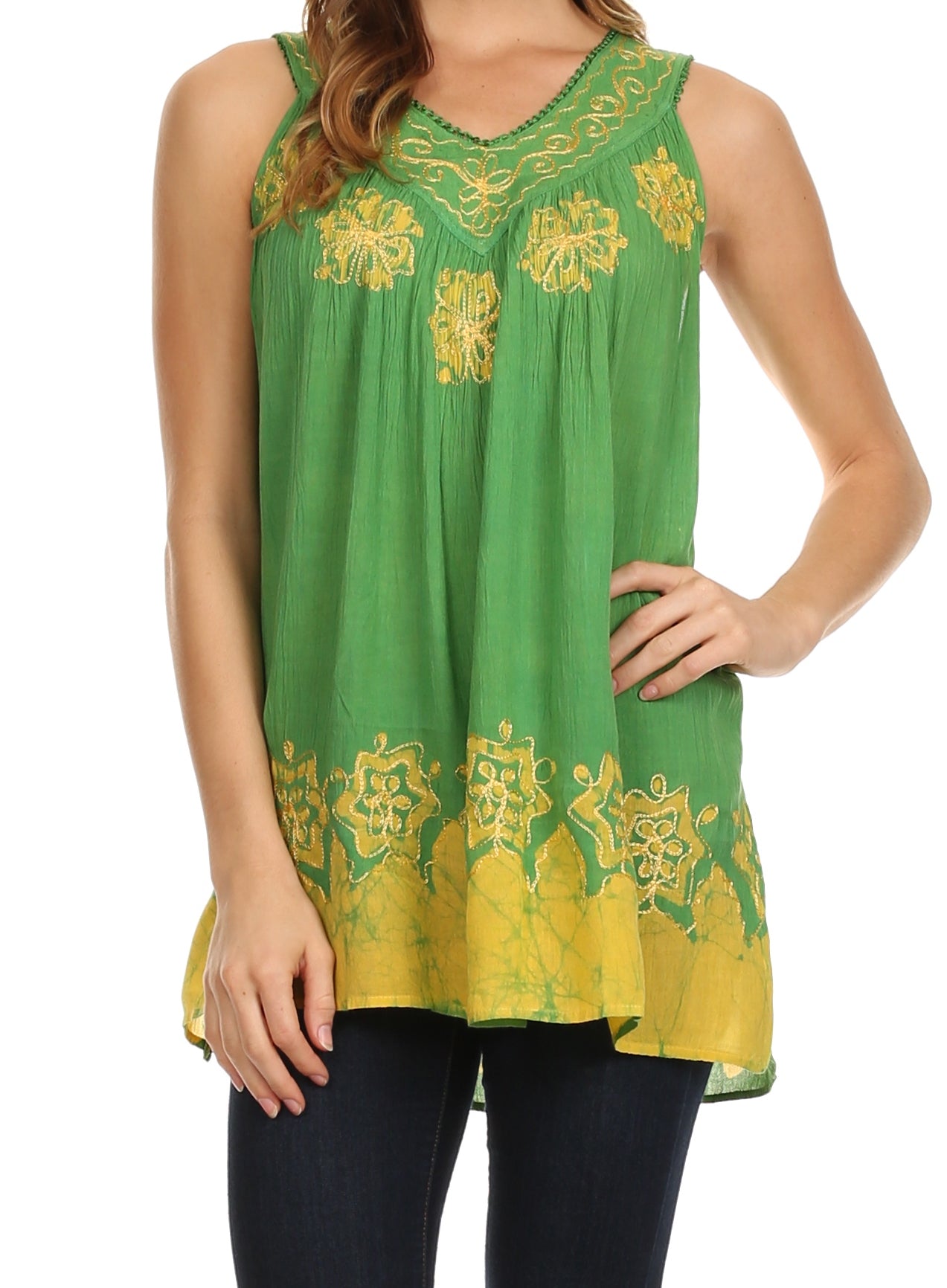 Sakkas Batik Embroidered V-Neck Sleeveless Blouse - Concordia Style Boutique
