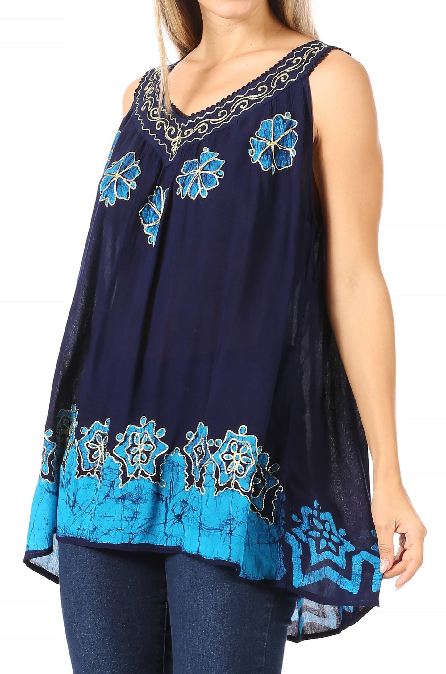 Sakkas Batik Embroidered V-Neck Sleeveless Blouse - Concordia Style Boutique