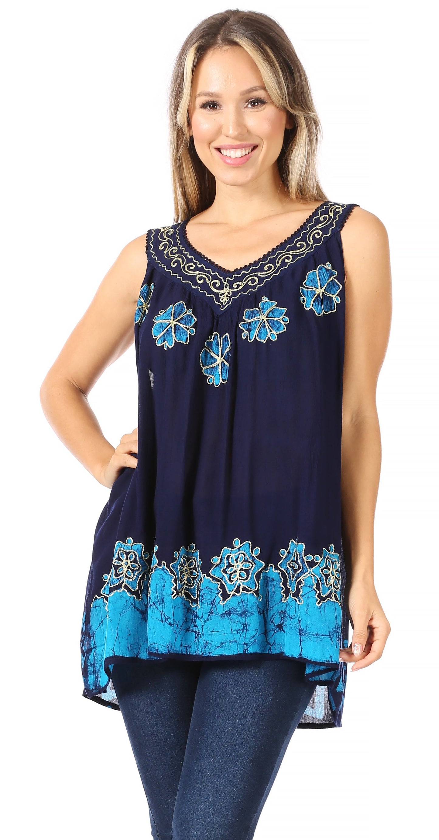 Sakkas Batik Embroidered V-Neck Sleeveless Blouse - Concordia Style Boutique