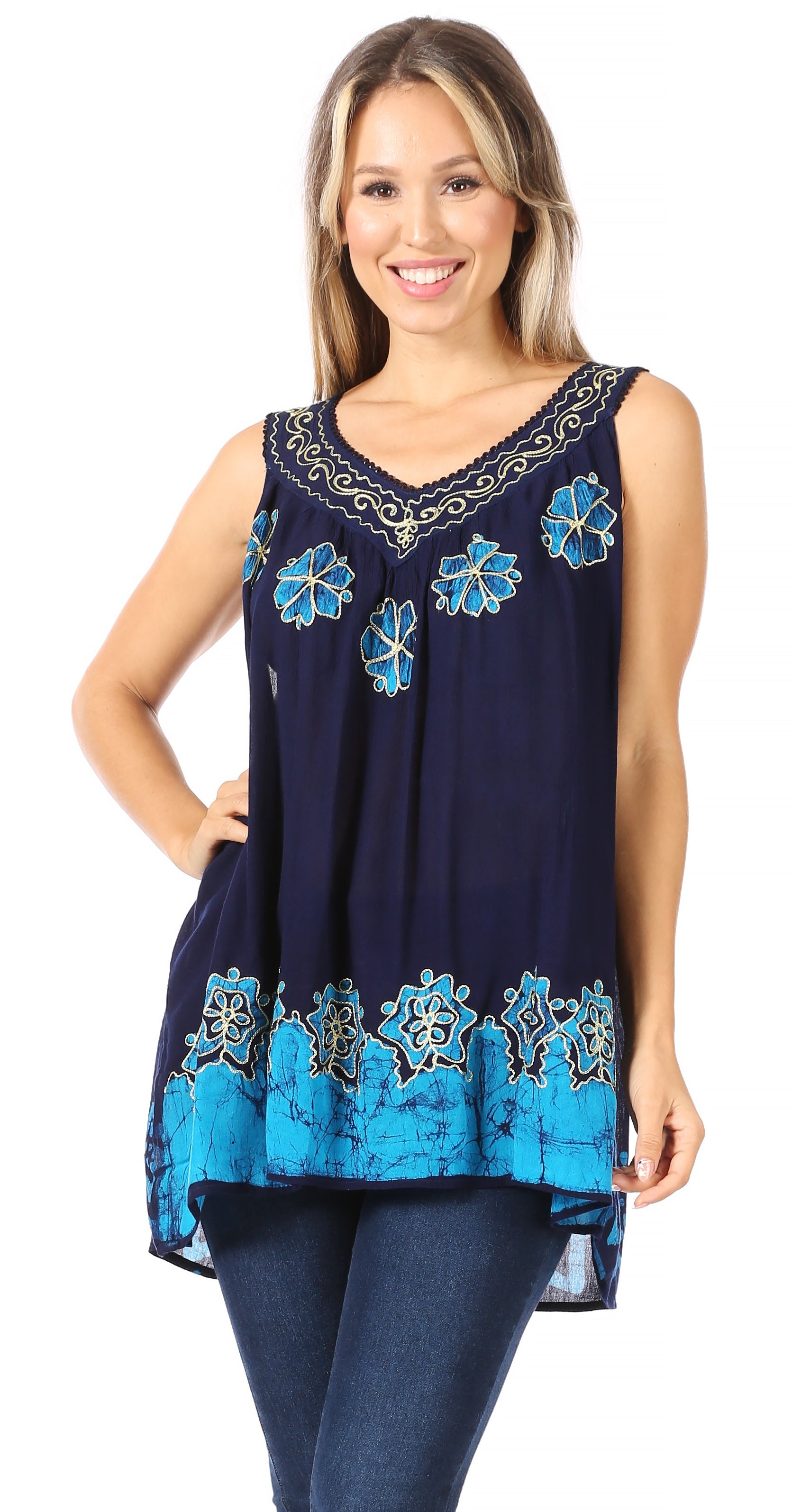 Sakkas Batik Embroidered V-Neck Sleeveless Blouse - Concordia Style Boutique