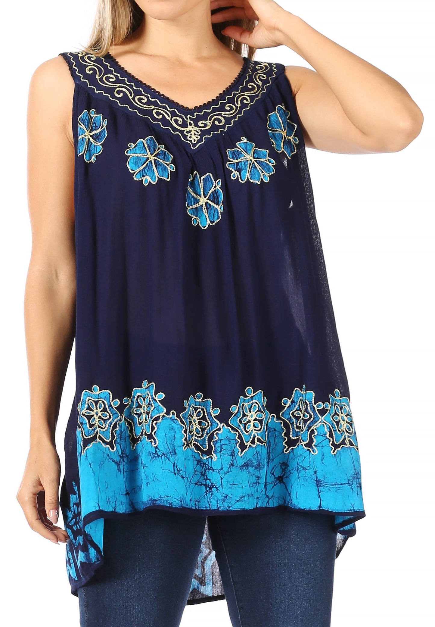 Sakkas Batik Embroidered V-Neck Sleeveless Blouse - Concordia Style Boutique