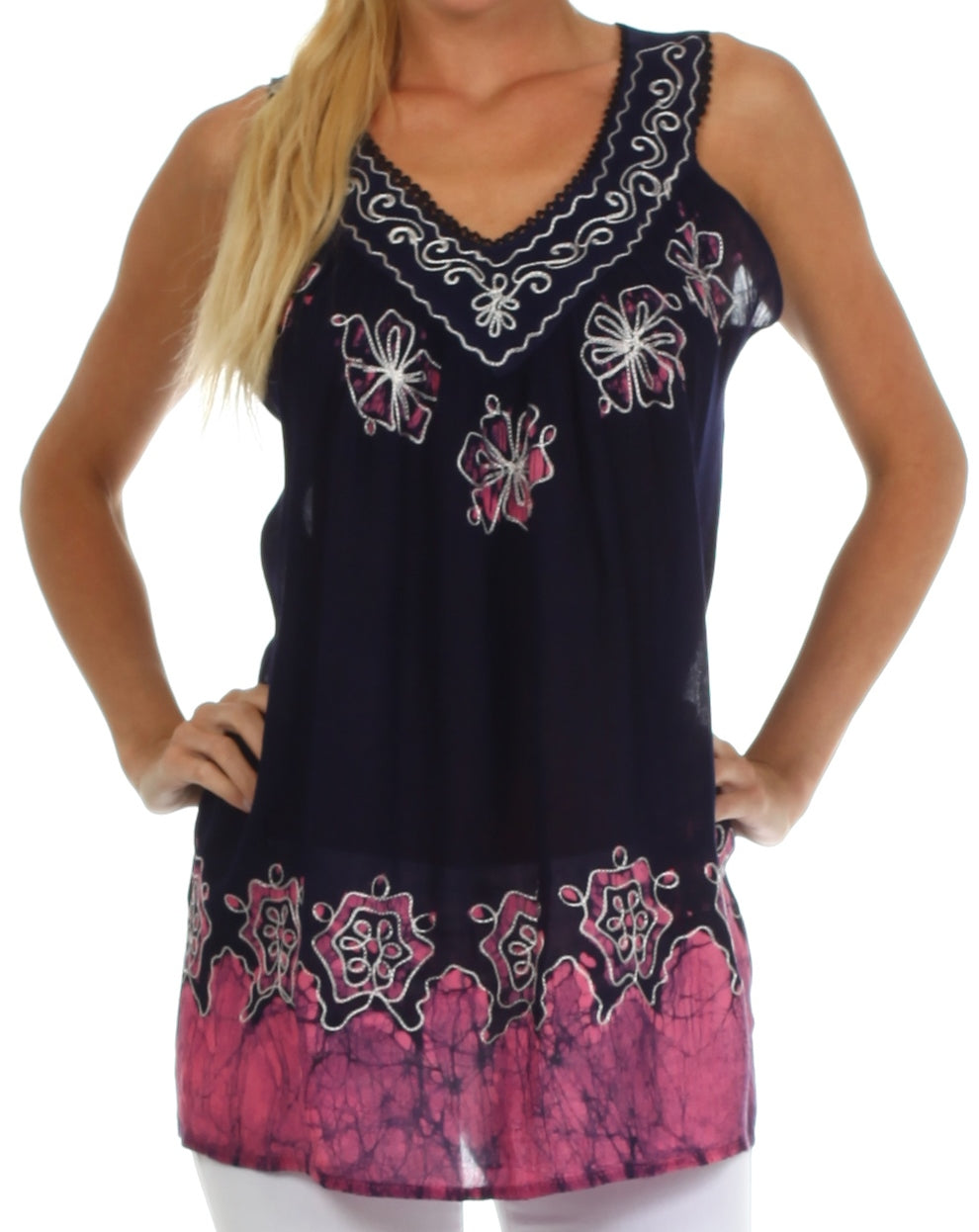 Sakkas Batik Embroidered V-Neck Sleeveless Blouse - Concordia Style Boutique