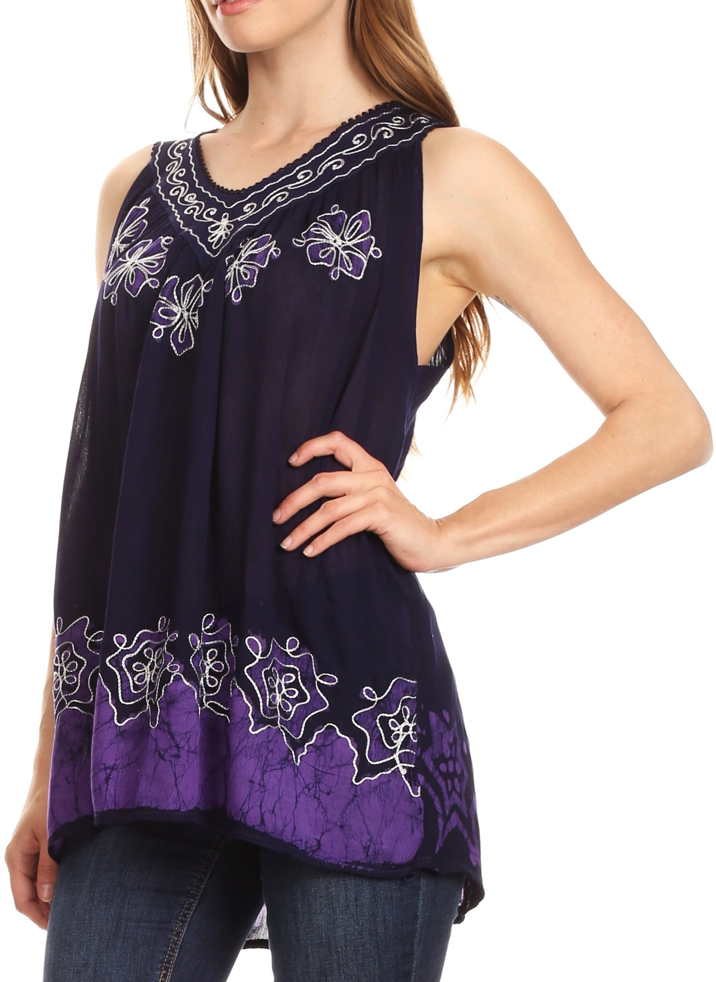 Sakkas Batik Embroidered V-Neck Sleeveless Blouse - Concordia Style Boutique