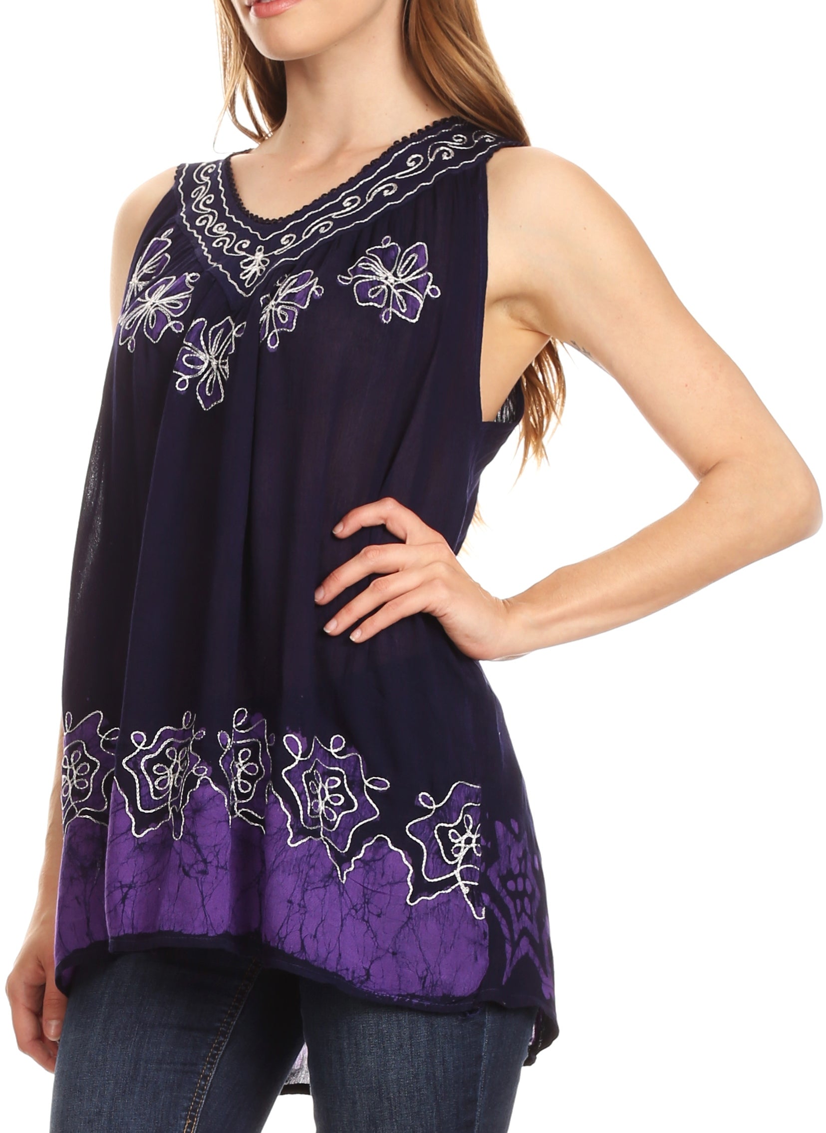 Sakkas Batik Embroidered V-Neck Sleeveless Blouse - Concordia Style Boutique