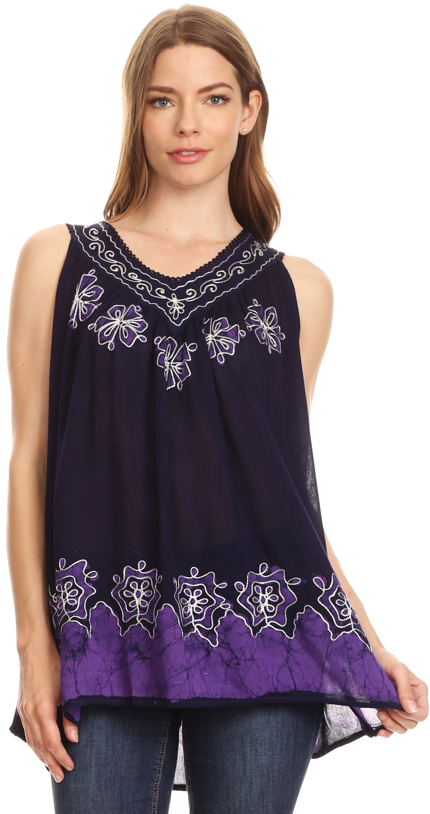 Sakkas Batik Embroidered V-Neck Sleeveless Blouse - Concordia Style Boutique