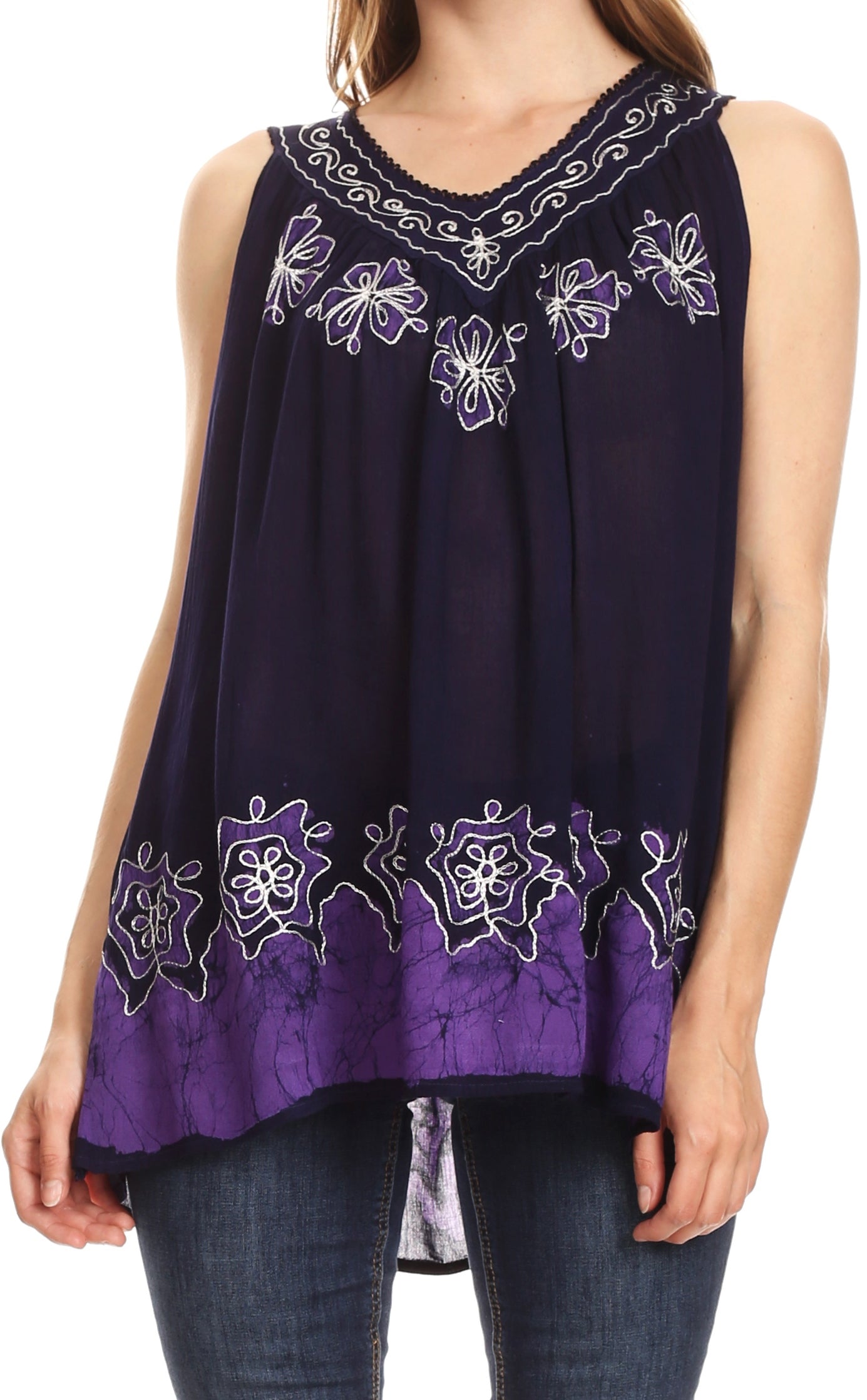 Sakkas Batik Embroidered V-Neck Sleeveless Blouse - Concordia Style Boutique
