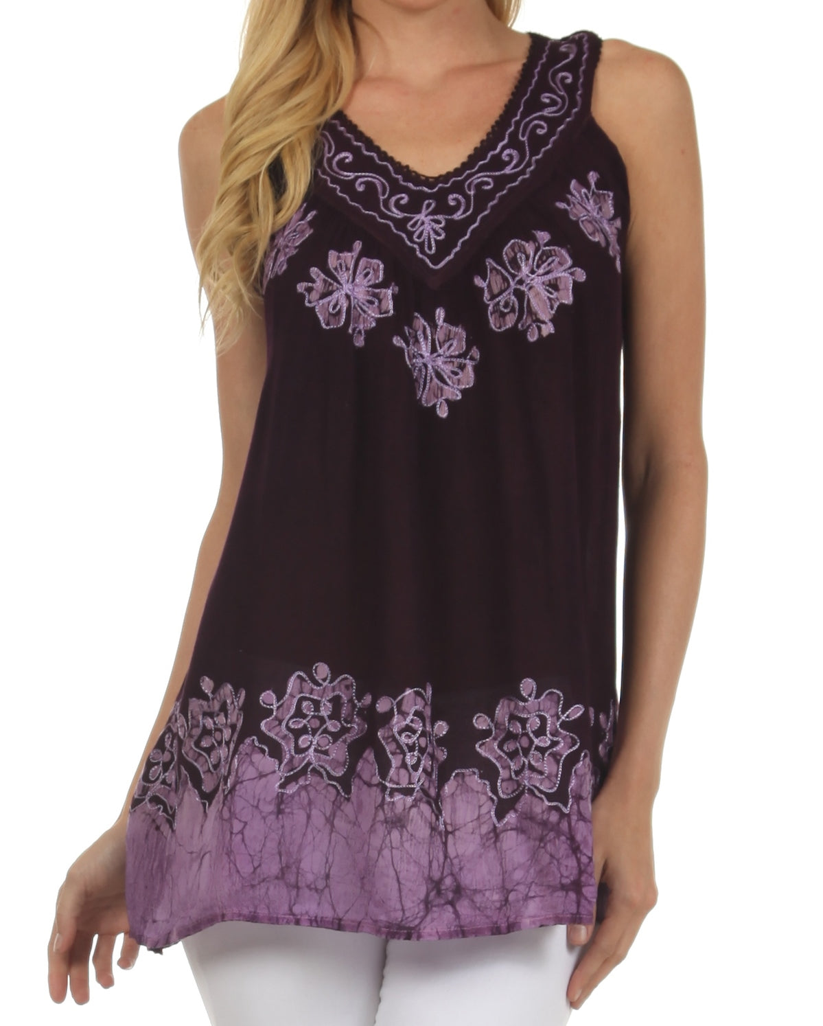 Sakkas Batik Embroidered V-Neck Sleeveless Blouse - Concordia Style Boutique