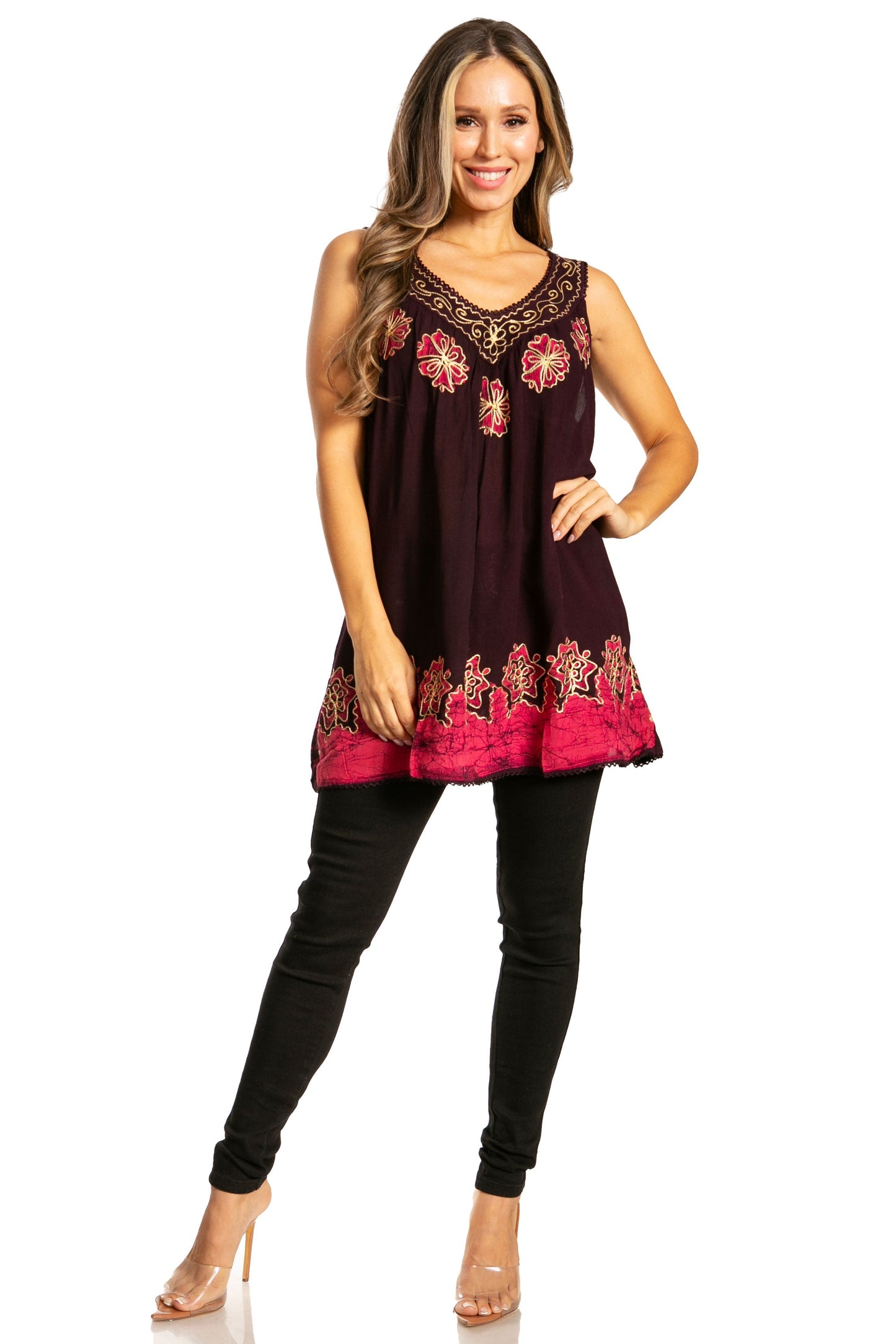 Sakkas Batik Embroidered V-Neck Sleeveless Blouse - Concordia Style Boutique