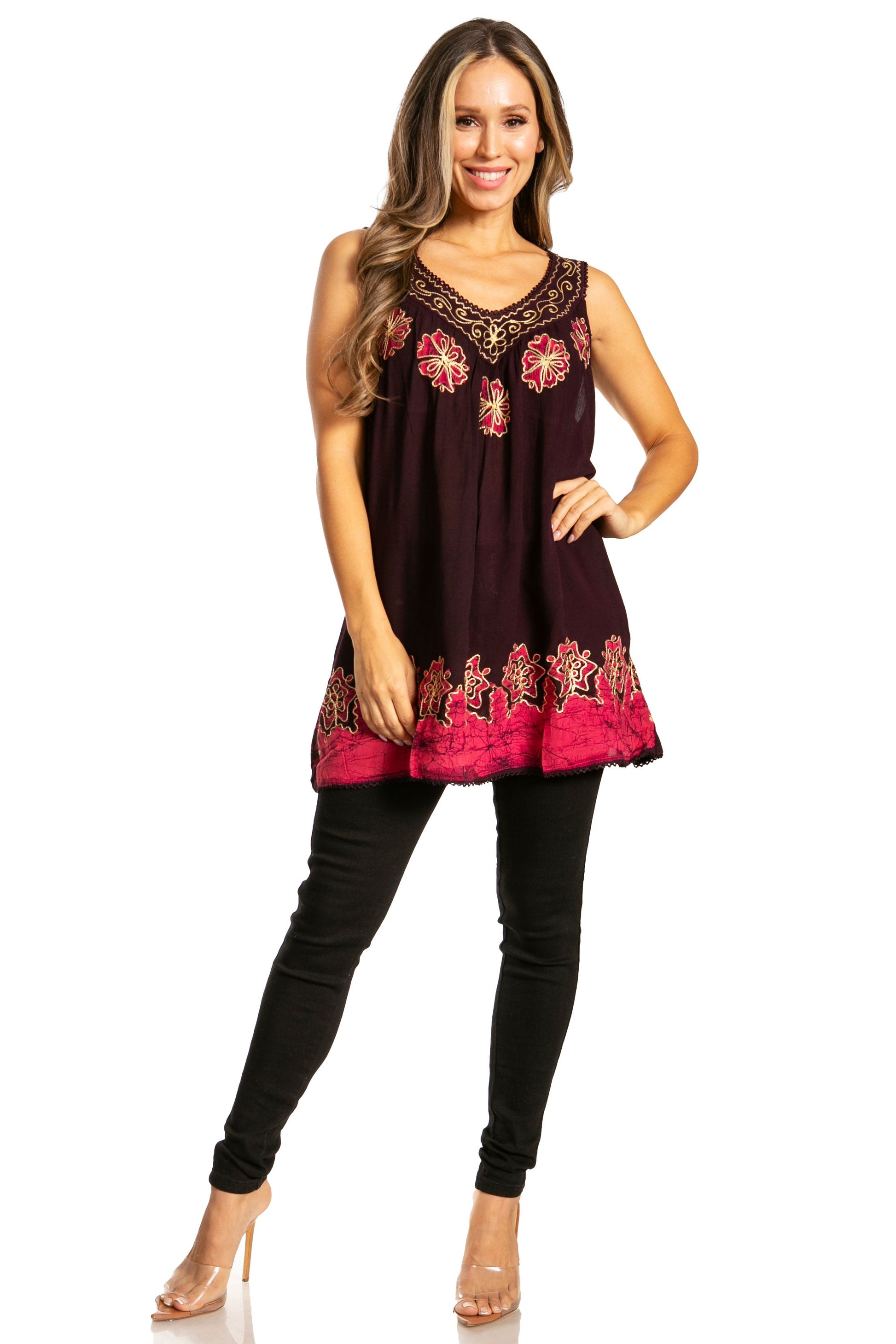Sakkas Batik Embroidered V-Neck Sleeveless Blouse - Concordia Style Boutique