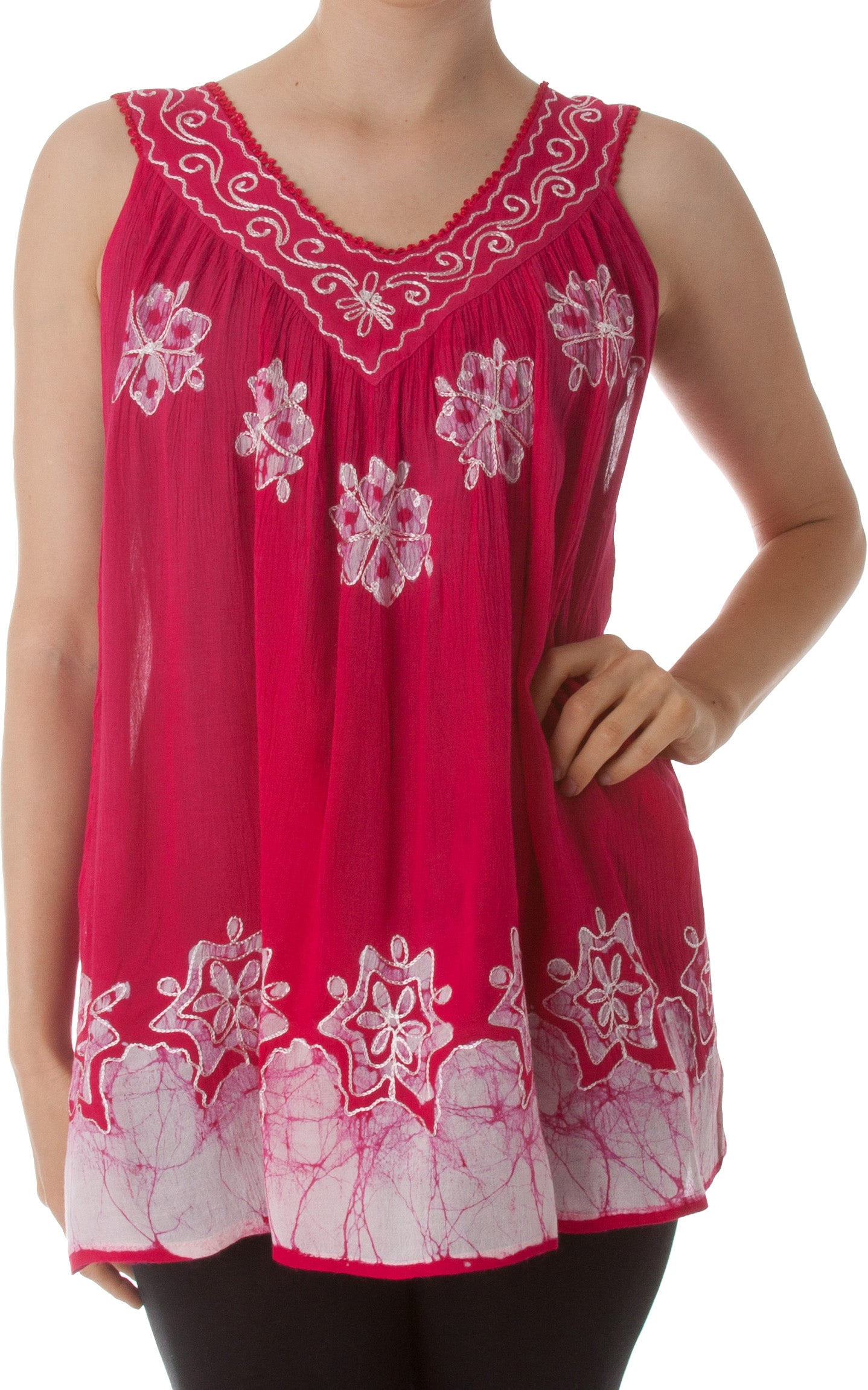 Sakkas Batik Embroidered V-Neck Sleeveless Blouse - Concordia Style Boutique