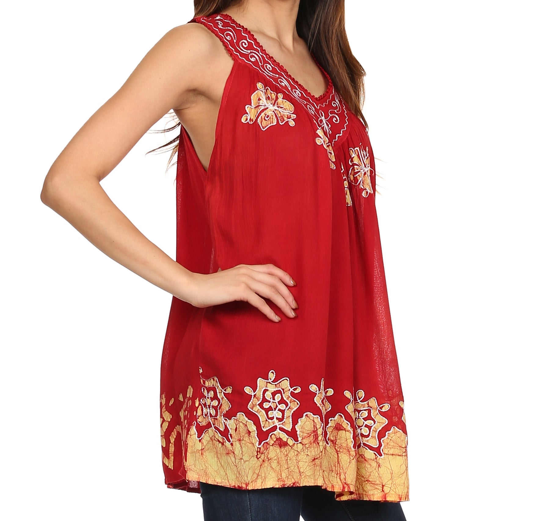 Sakkas Batik Embroidered V-Neck Sleeveless Blouse - Concordia Style Boutique