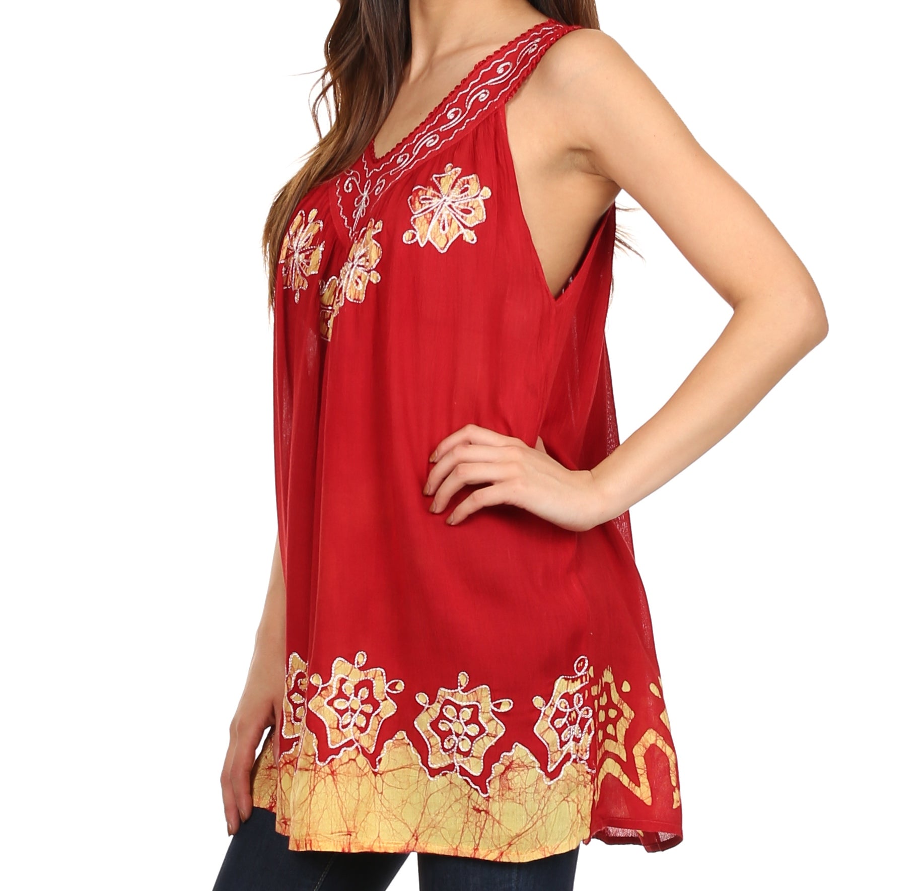 Sakkas Batik Embroidered V-Neck Sleeveless Blouse - Concordia Style Boutique