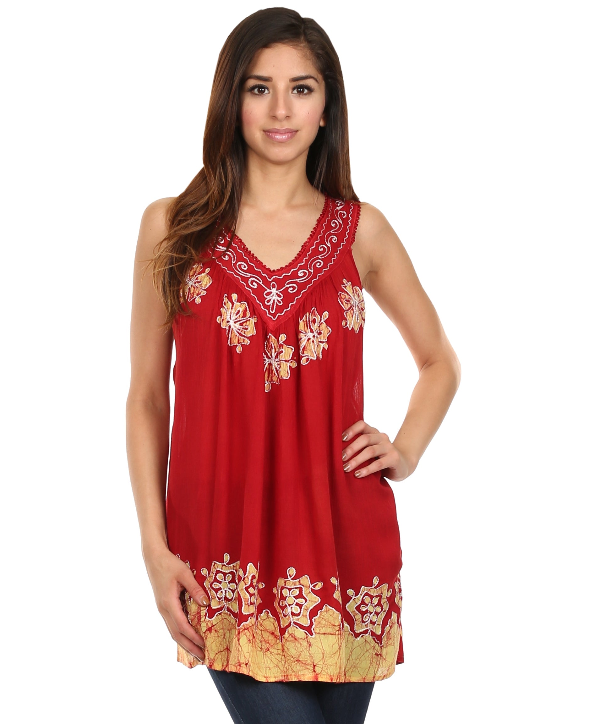 Sakkas Batik Embroidered V-Neck Sleeveless Blouse - Concordia Style Boutique