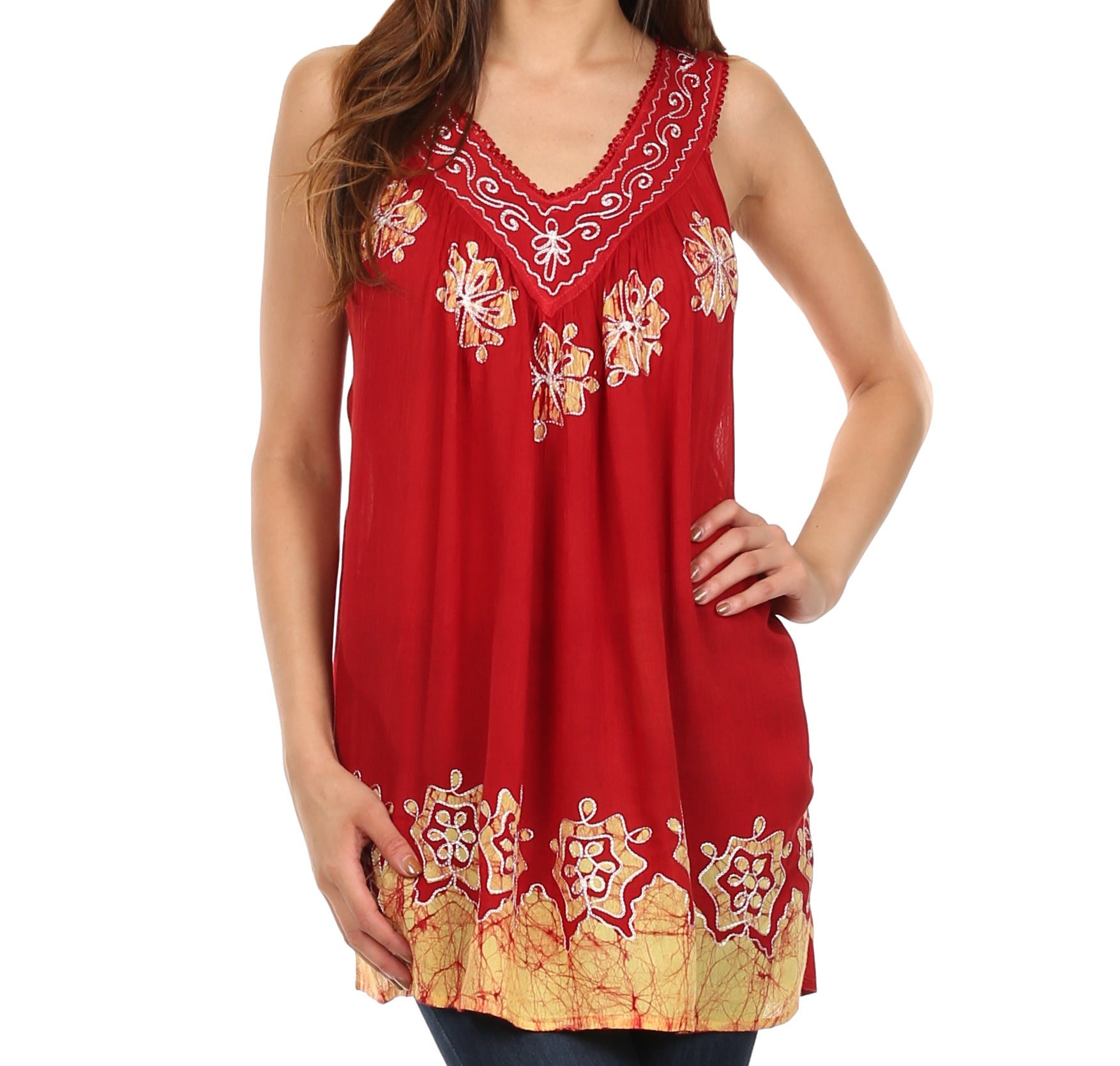 Sakkas Batik Embroidered V-Neck Sleeveless Blouse - Concordia Style Boutique