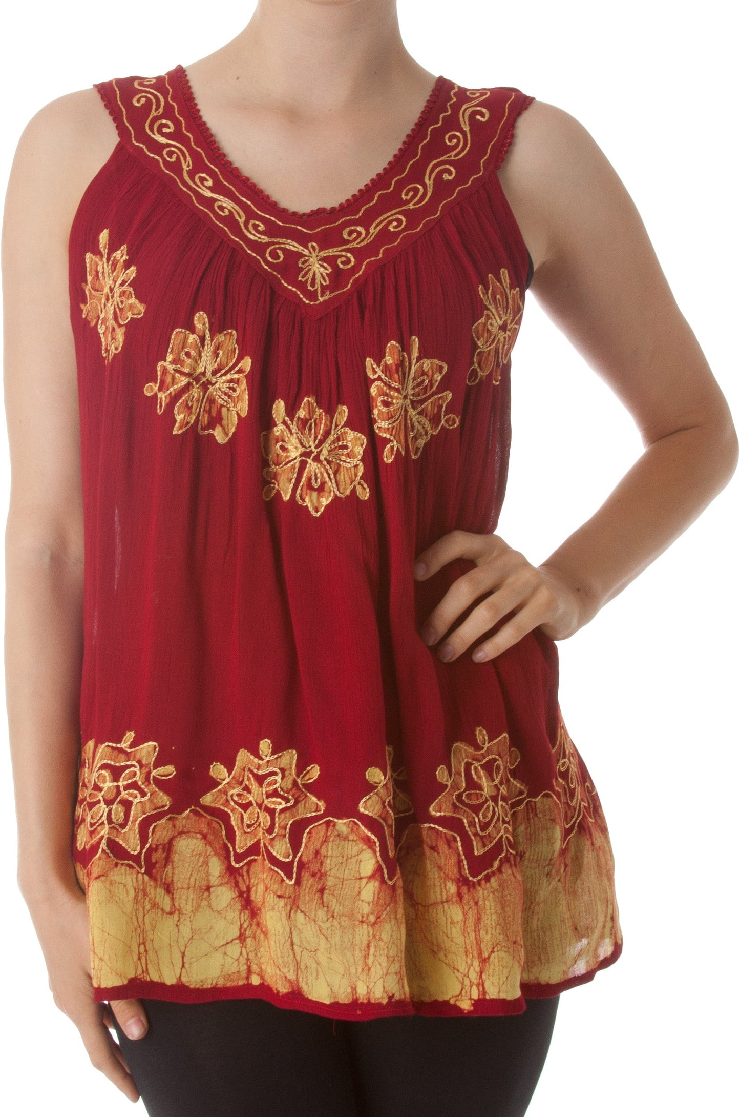 Sakkas Batik Embroidered V-Neck Sleeveless Blouse - Concordia Style Boutique