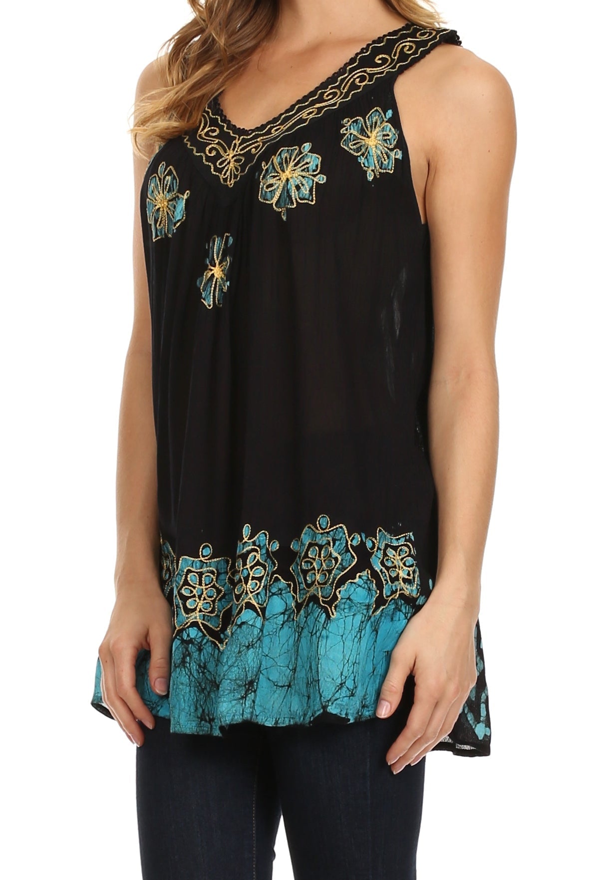 Sakkas Batik Embroidered V-Neck Sleeveless Blouse - Concordia Style Boutique