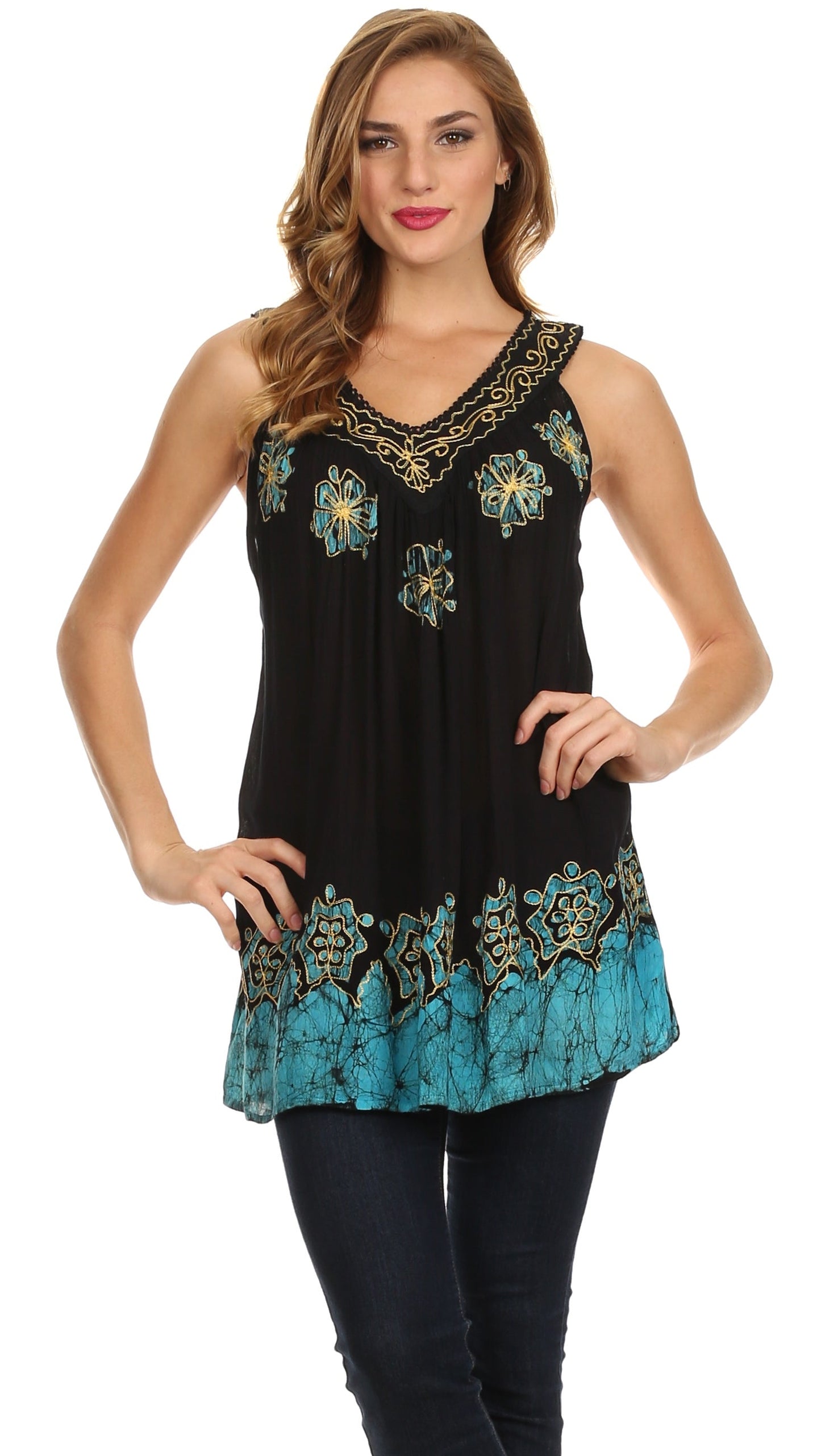 Sakkas Batik Embroidered V-Neck Sleeveless Blouse - Concordia Style Boutique