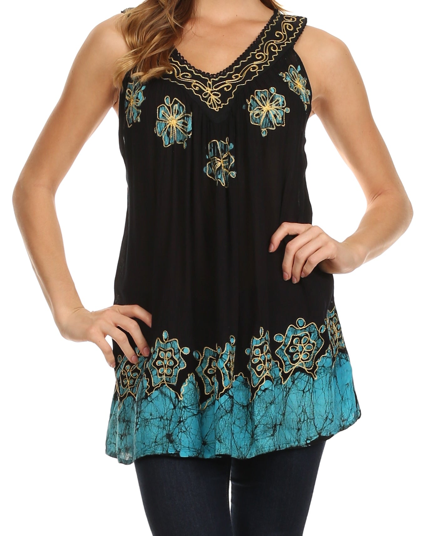 Sakkas Batik Embroidered V-Neck Sleeveless Blouse - Concordia Style Boutique