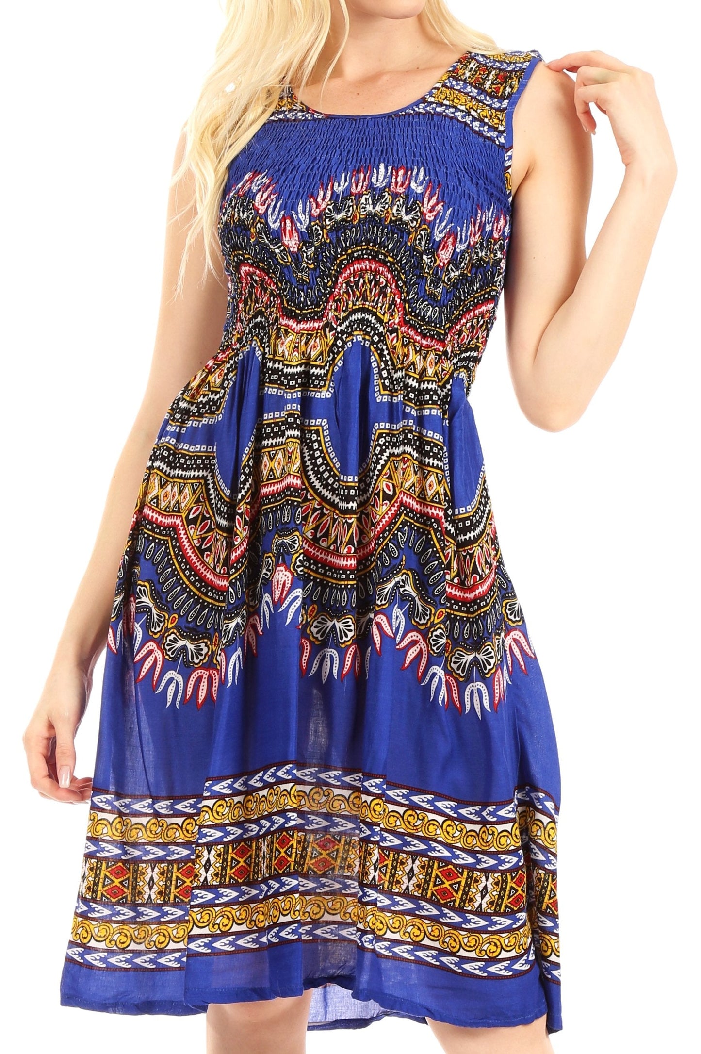 Sakkas Darcia Women's Casual Summer Cocktail Elastic Stretchy Dashiki Print Dress - Concordia Style Boutique