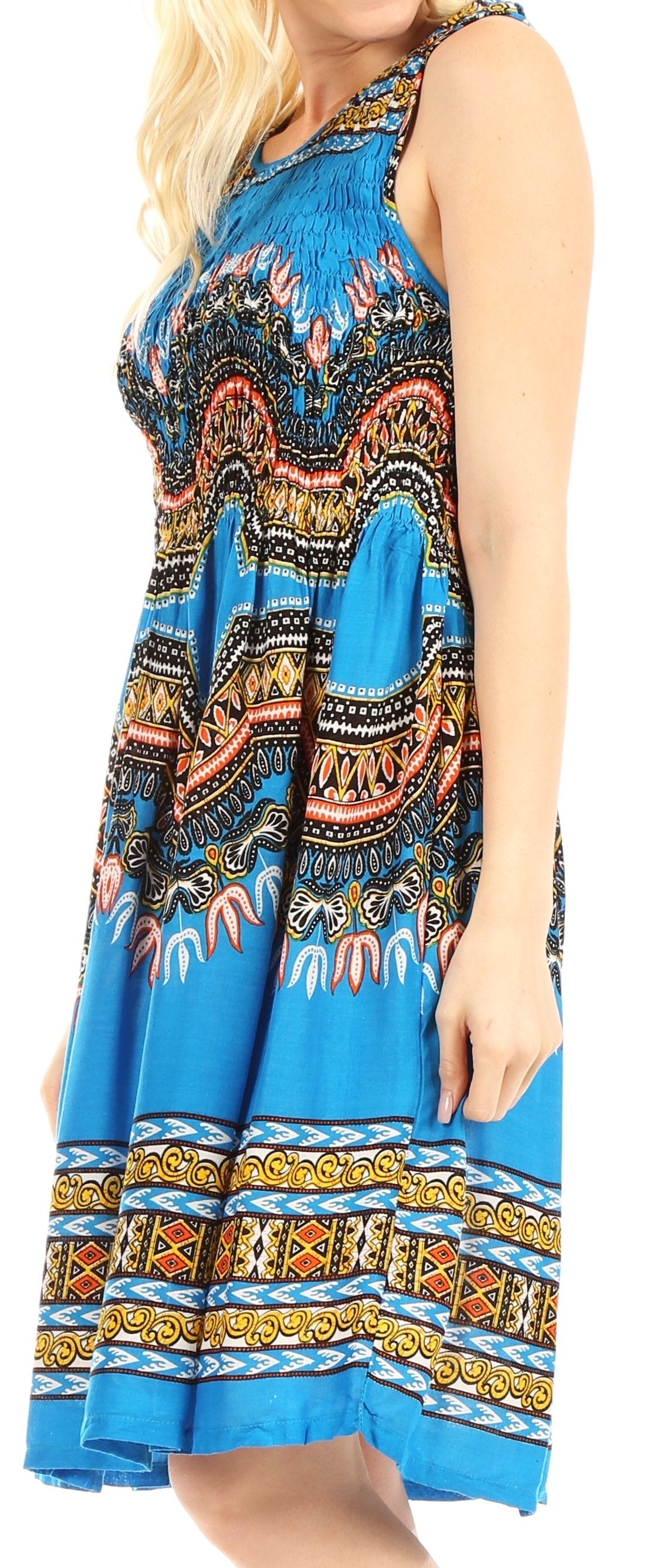 Sakkas Darcia Women's Casual Summer Cocktail Elastic Stretchy Dashiki Print Dress - Concordia Style Boutique