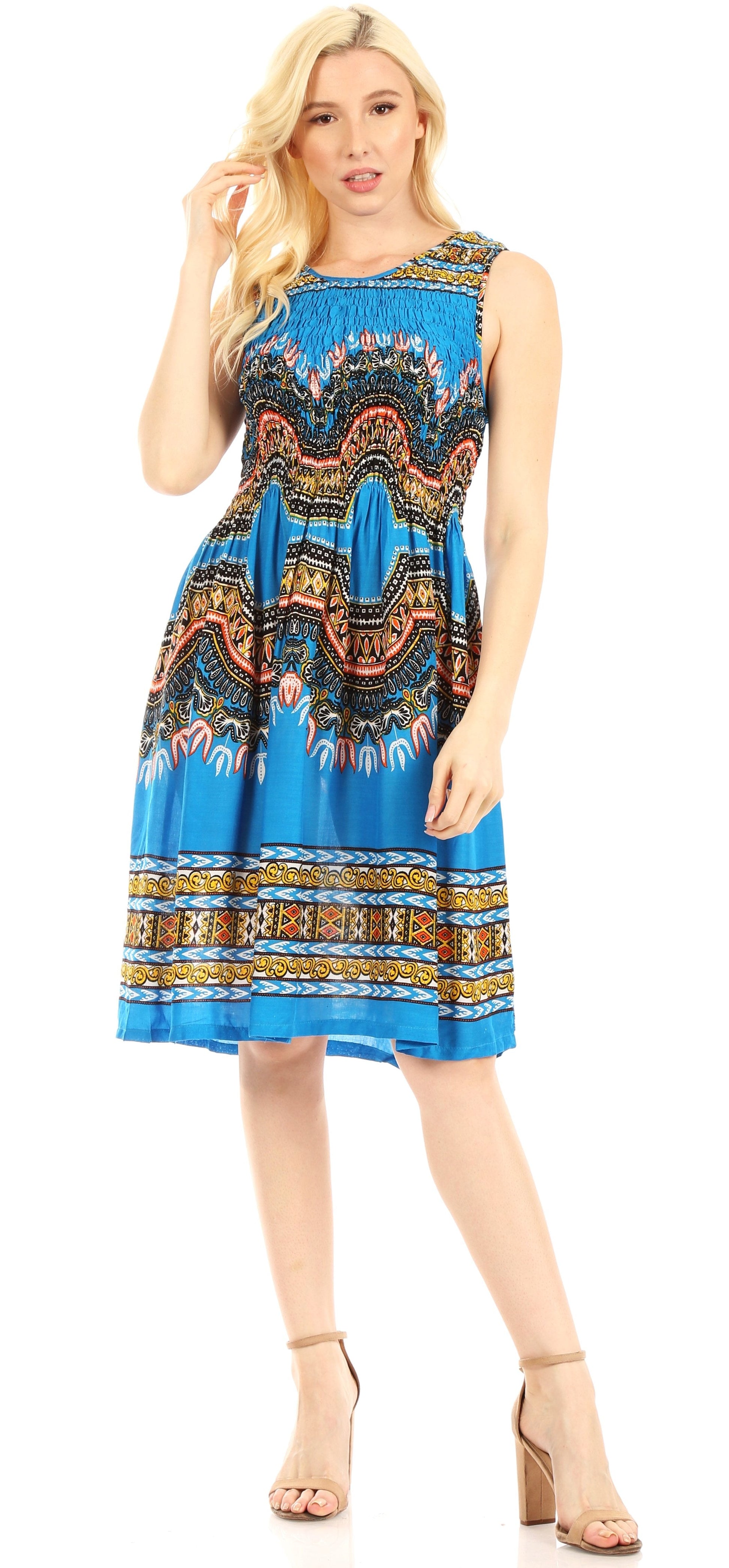 Sakkas Darcia Women's Casual Summer Cocktail Elastic Stretchy Dashiki Print Dress - Concordia Style Boutique