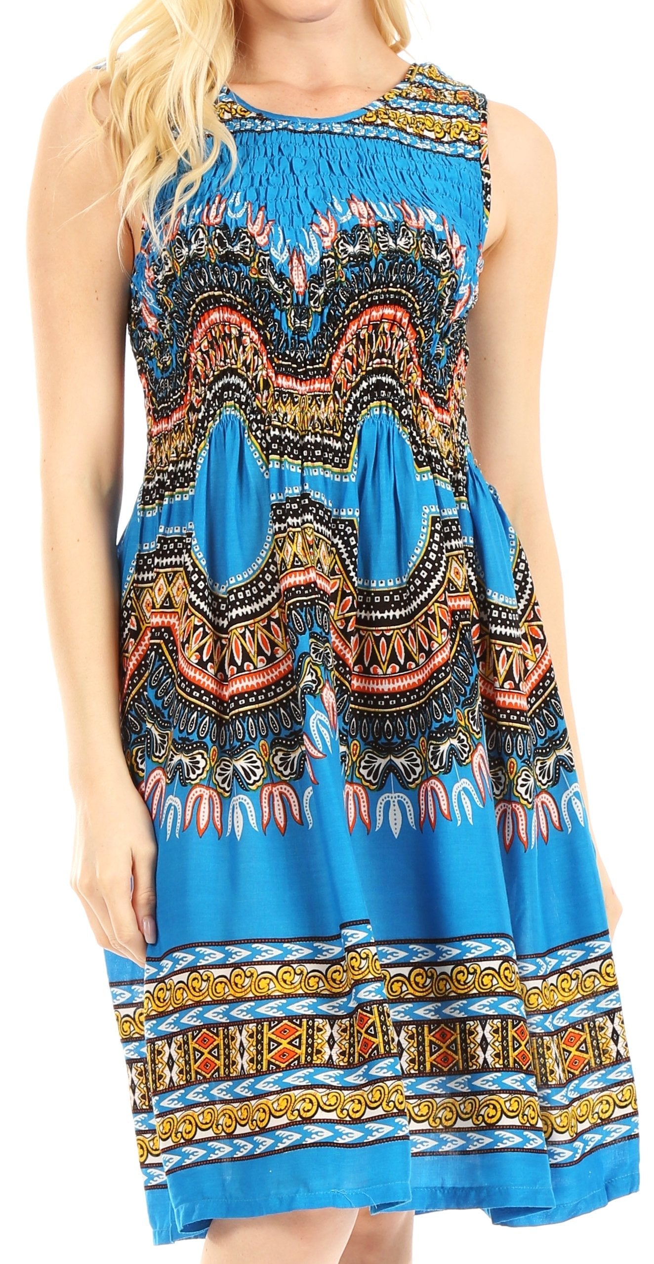 Sakkas Darcia Women's Casual Summer Cocktail Elastic Stretchy Dashiki Print Dress - Concordia Style Boutique
