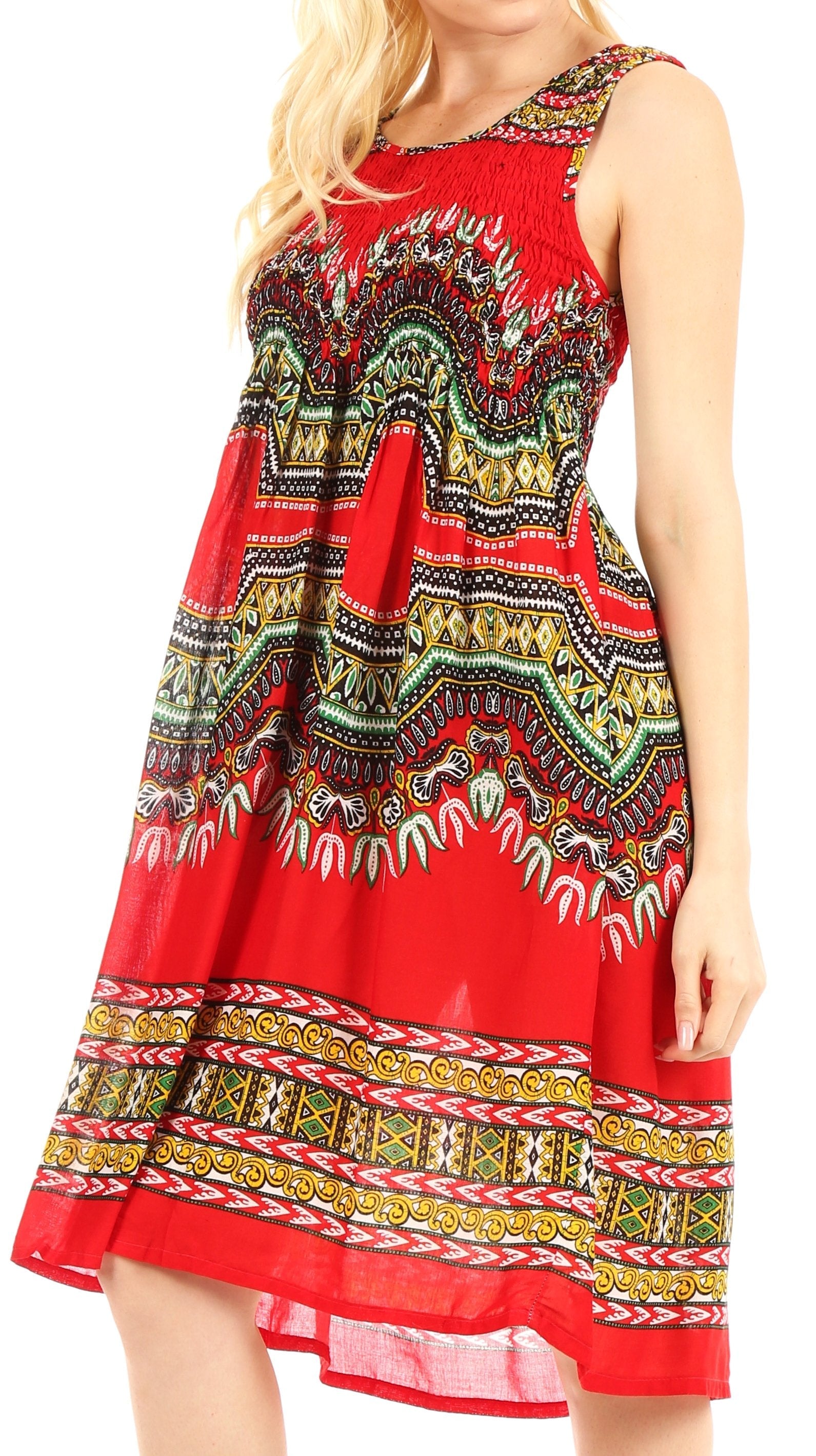 Sakkas Darcia Women's Casual Summer Cocktail Elastic Stretchy Dashiki Print Dress - Concordia Style Boutique