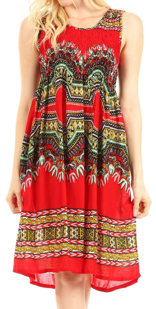 Sakkas Darcia Women's Casual Summer Cocktail Elastic Stretchy Dashiki Print Dress - Concordia Style Boutique