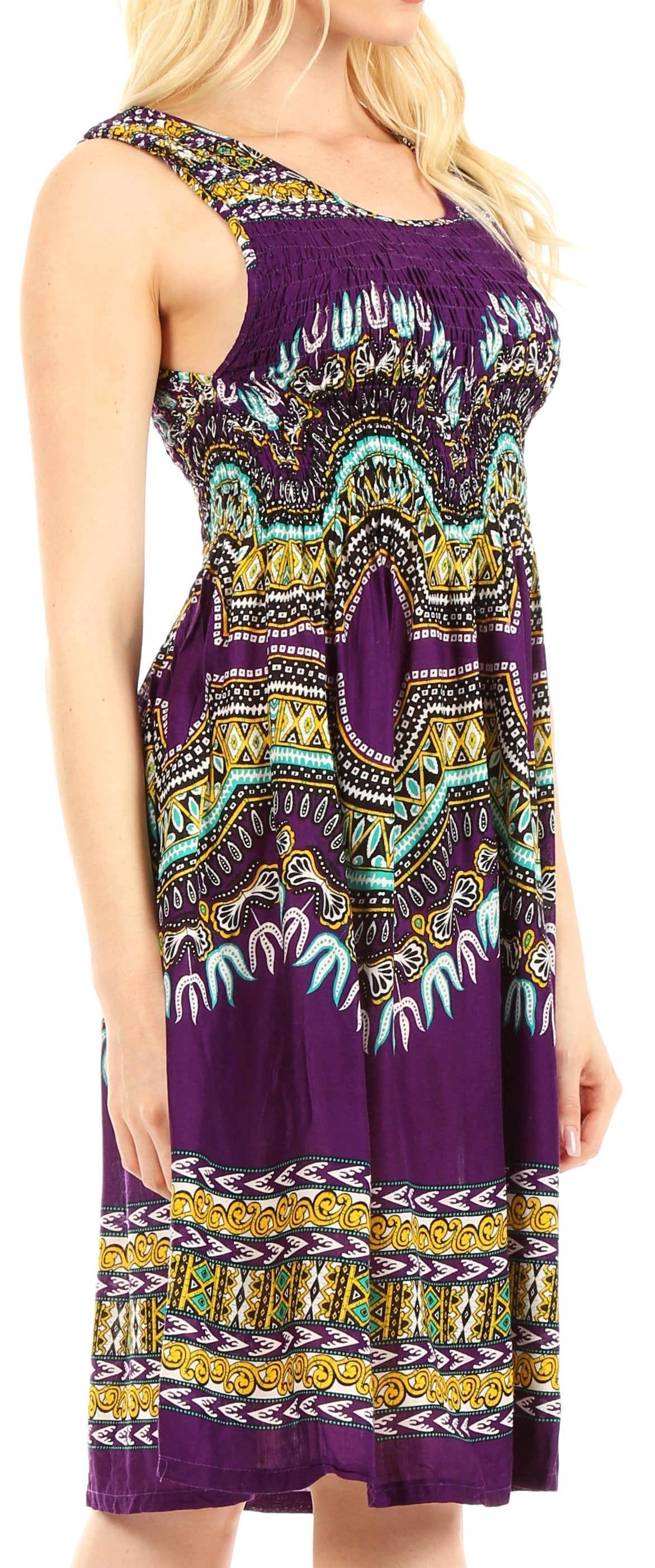 Sakkas Darcia Women's Casual Summer Cocktail Elastic Stretchy Dashiki Print Dress - Concordia Style Boutique