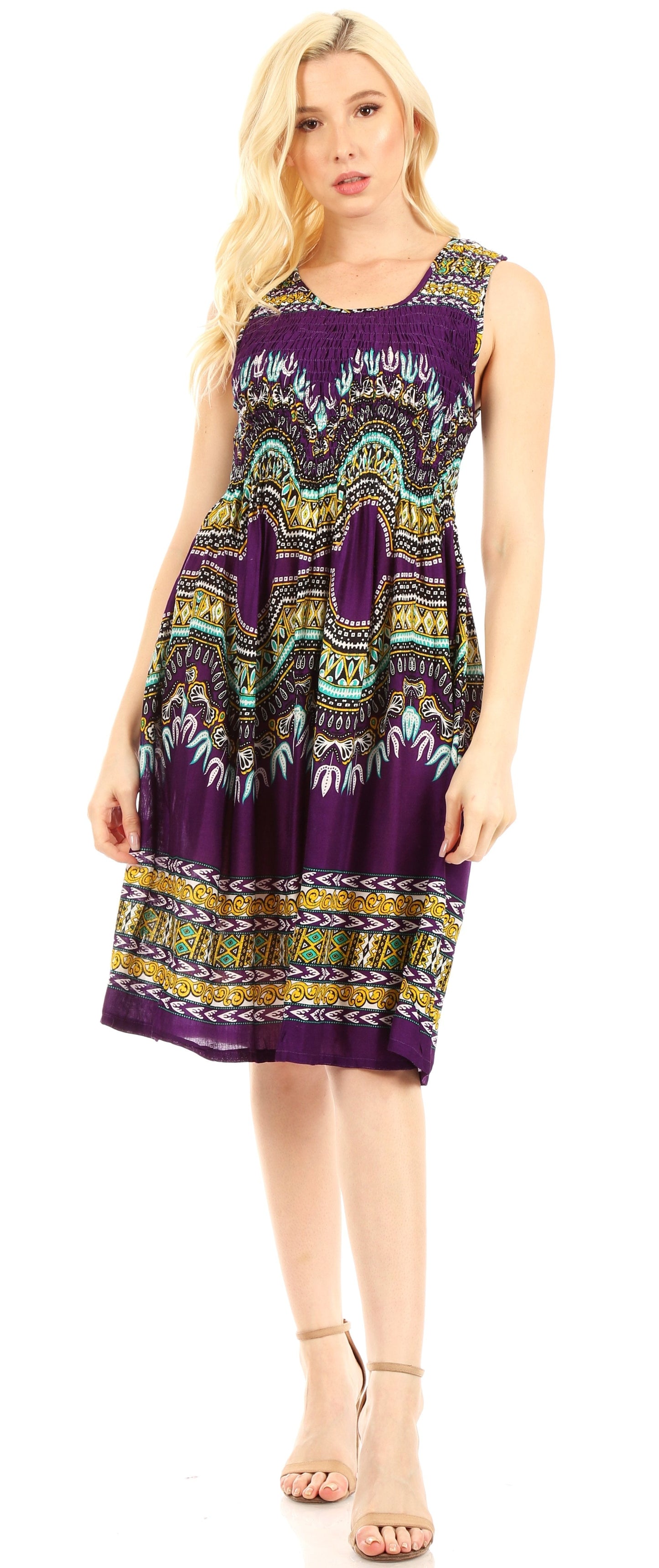 Sakkas Darcia Women's Casual Summer Cocktail Elastic Stretchy Dashiki Print Dress - Concordia Style Boutique