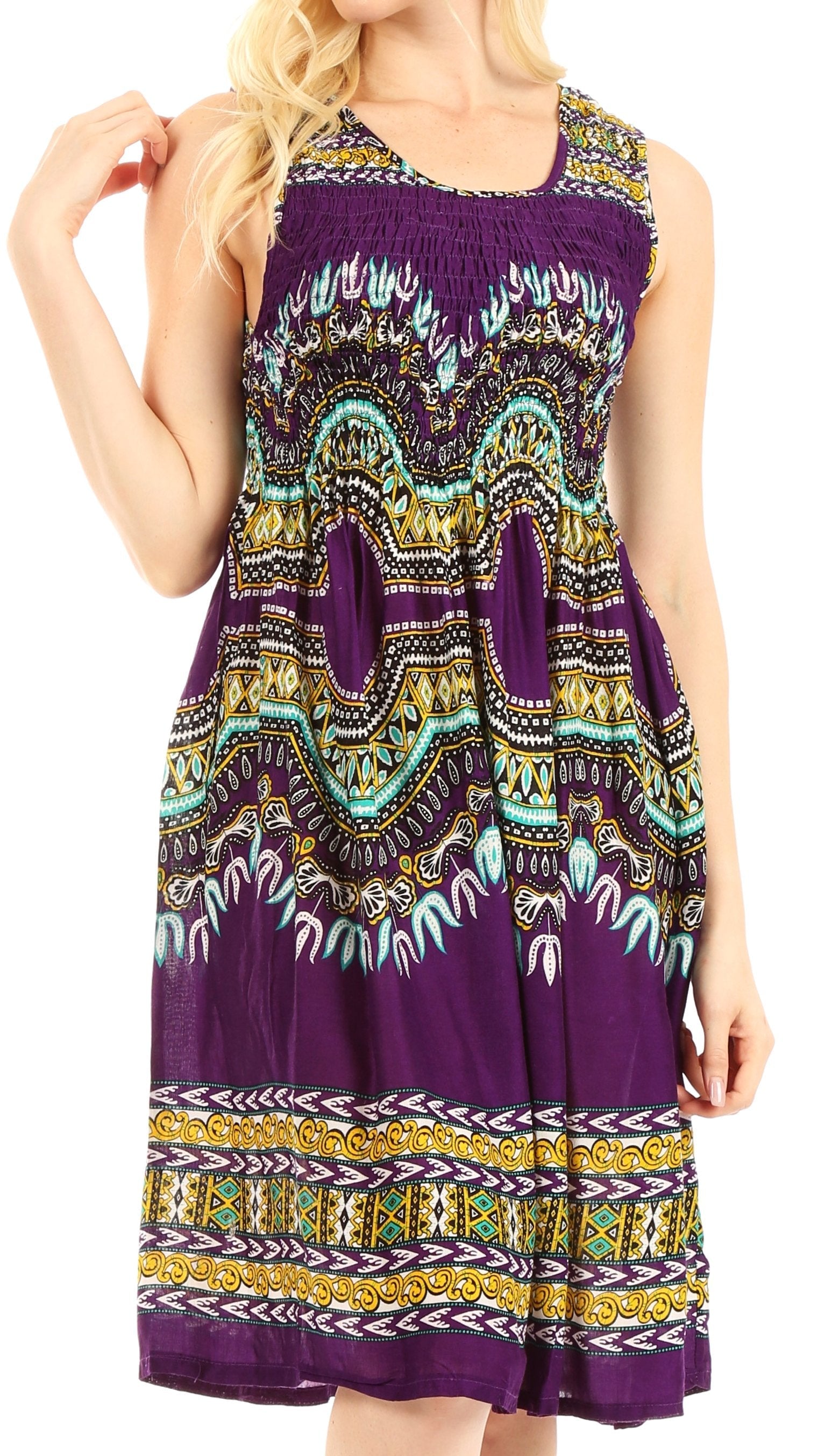 Sakkas Darcia Women's Casual Summer Cocktail Elastic Stretchy Dashiki Print Dress - Concordia Style Boutique