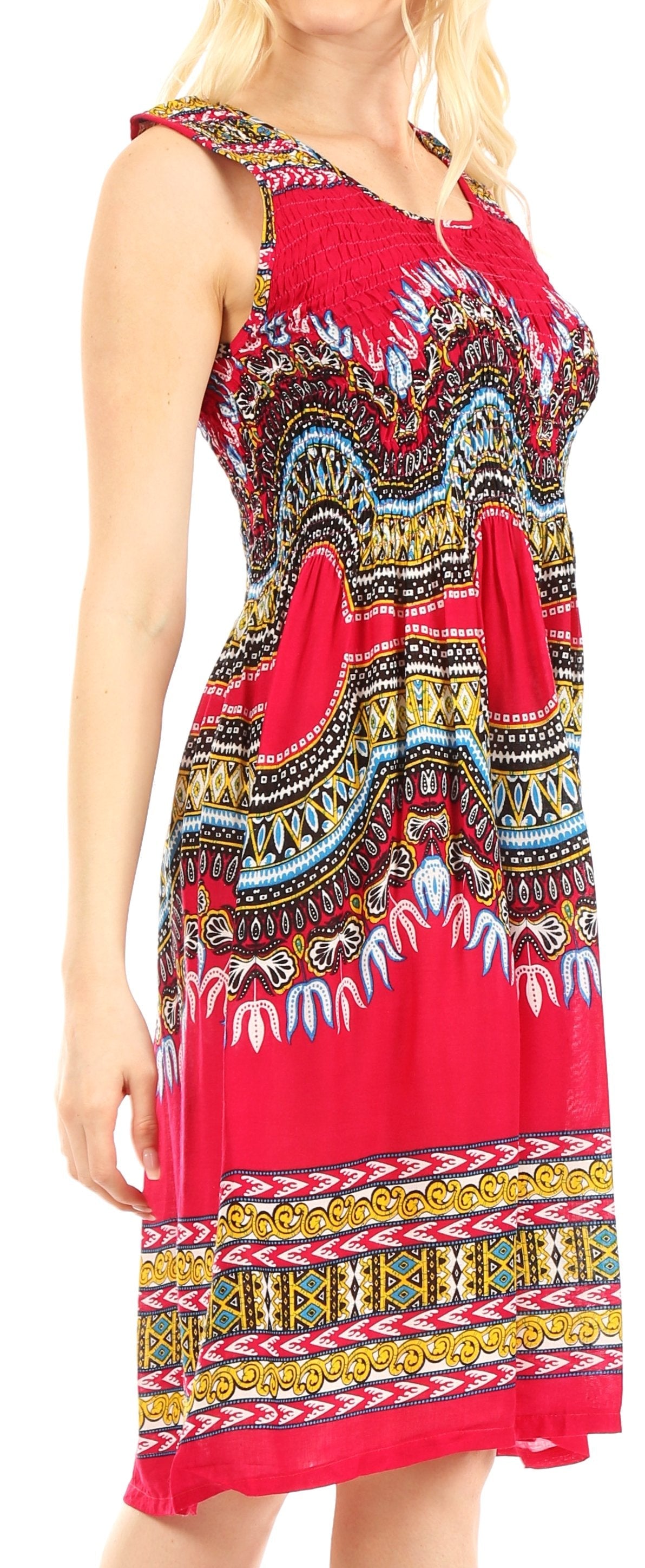 Sakkas Darcia Women's Casual Summer Cocktail Elastic Stretchy Dashiki Print Dress - Concordia Style Boutique
