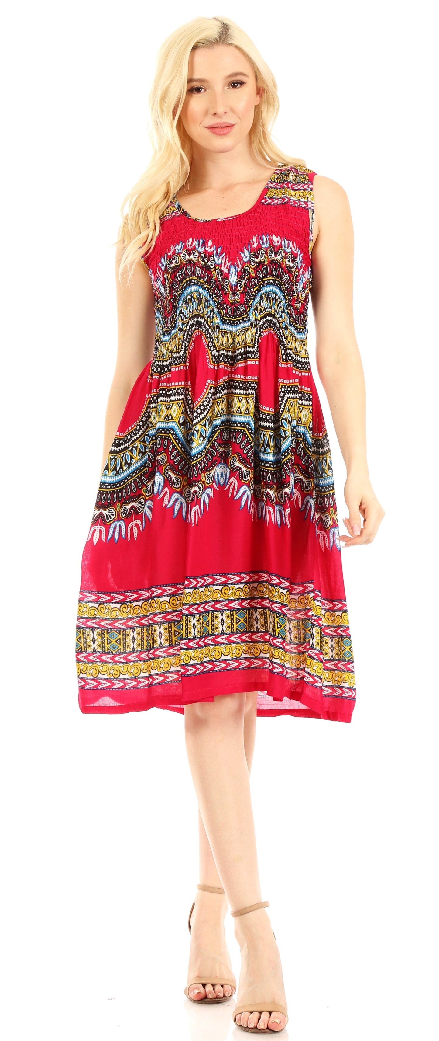 Sakkas Darcia Women's Casual Summer Cocktail Elastic Stretchy Dashiki Print Dress - Concordia Style Boutique