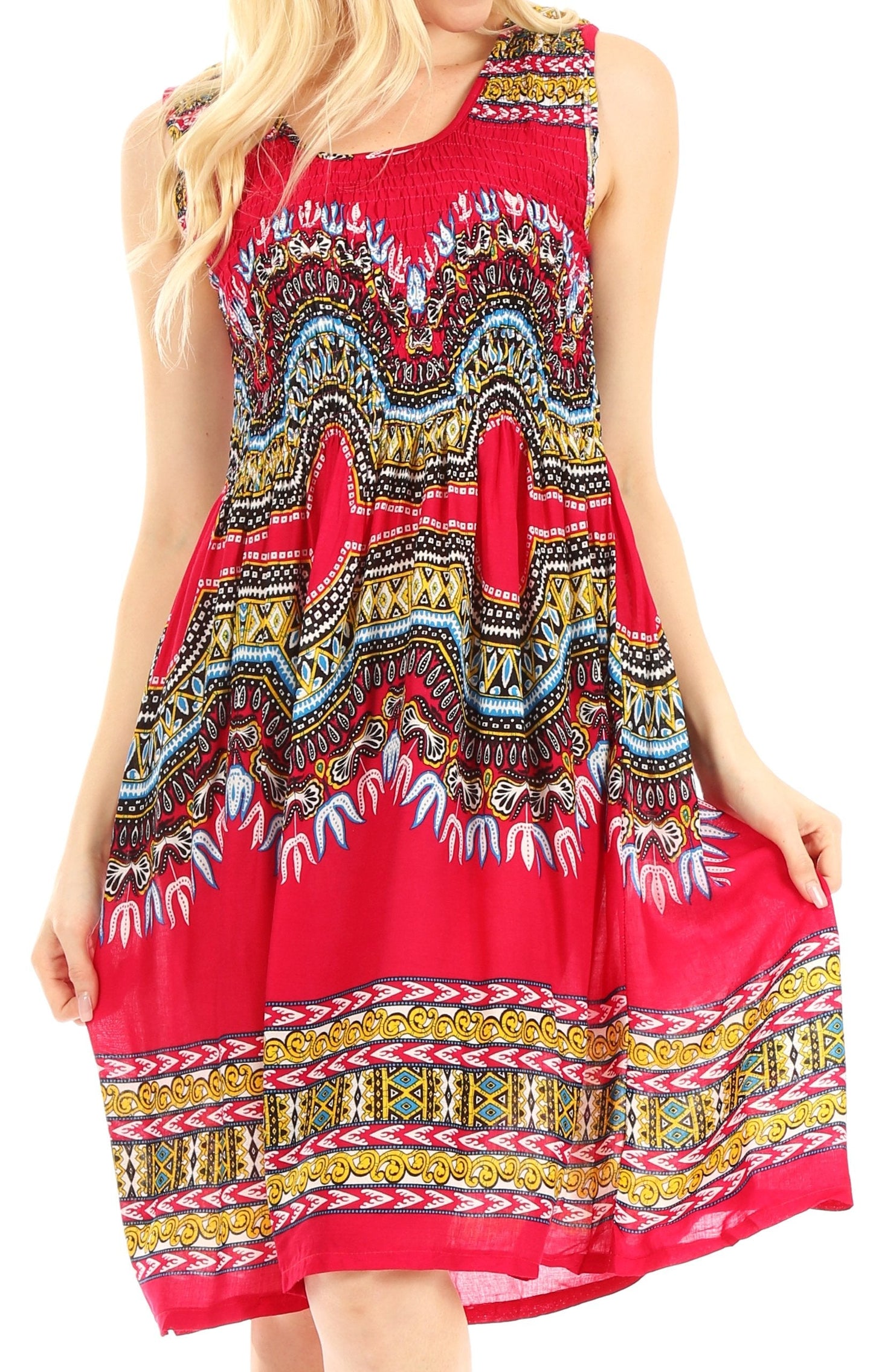 Sakkas Darcia Women's Casual Summer Cocktail Elastic Stretchy Dashiki Print Dress - Concordia Style Boutique