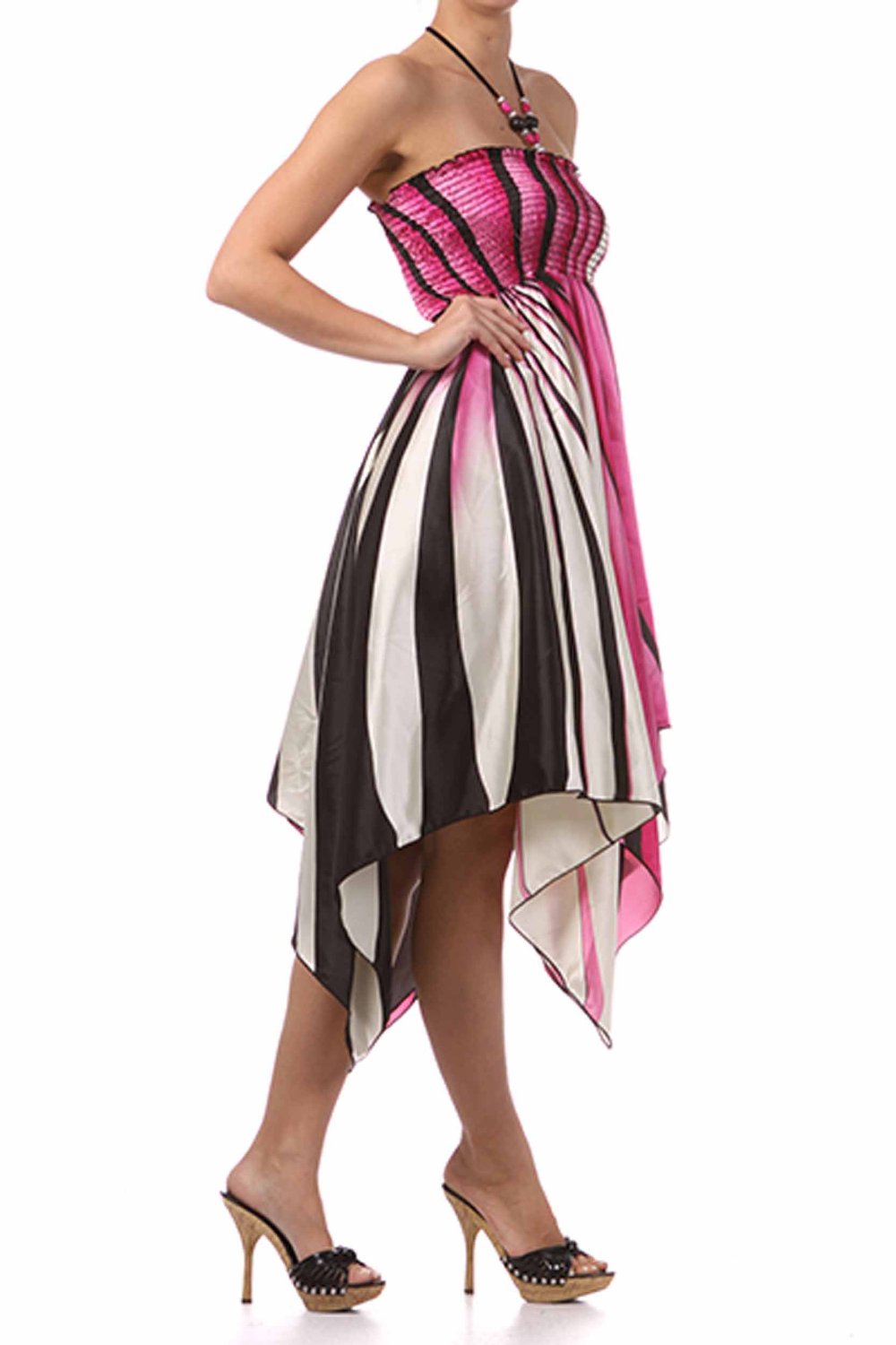 Swirl Design Satin Feel Beaded Halter Smocked Bodice Handkerchief Hem Dress - Concordia Style Boutique