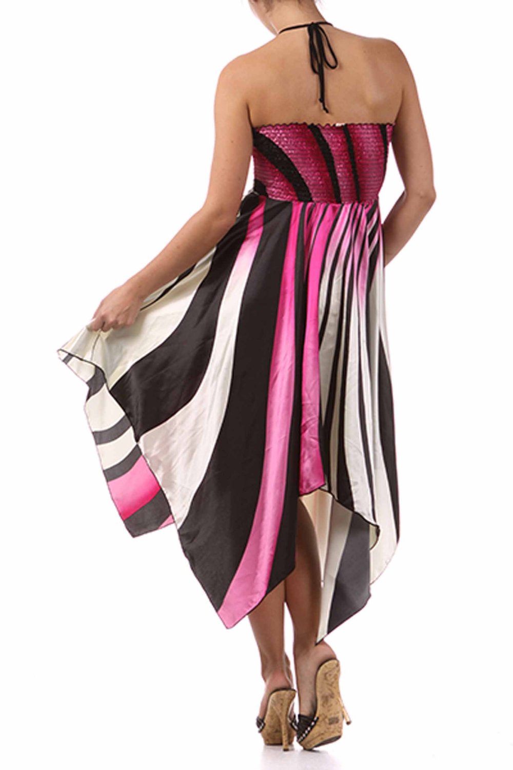 Swirl Design Satin Feel Beaded Halter Smocked Bodice Handkerchief Hem Dress - Concordia Style Boutique