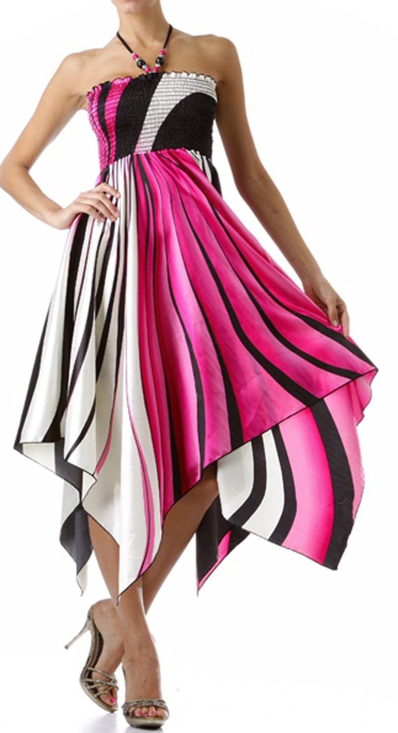 Swirl Design Satin Feel Beaded Halter Smocked Bodice Handkerchief Hem Dress - Concordia Style Boutique