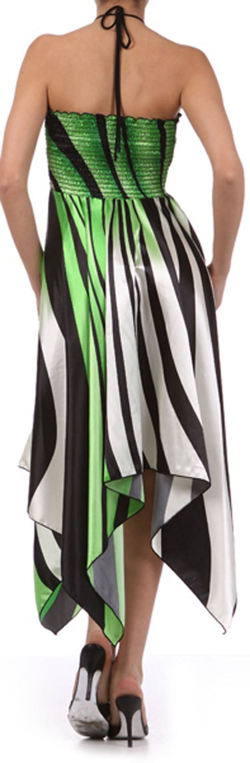 Swirl Design Satin Feel Beaded Halter Smocked Bodice Handkerchief Hem Dress - Concordia Style Boutique